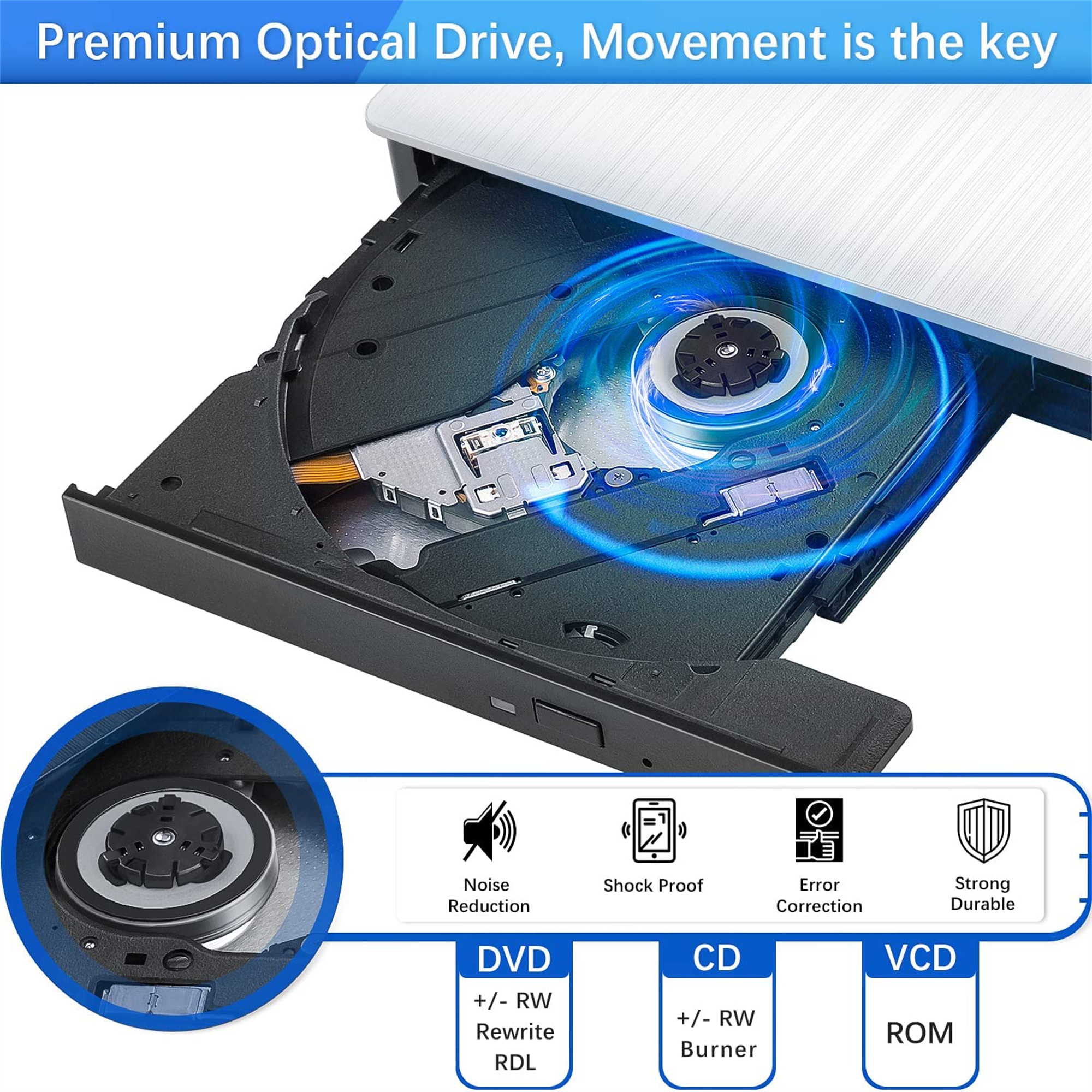 Ein CD/DVD-Player wird angezeigt. Zu den Funktionen gehören Geräuschreduzierung, Stoßfestigkeit und Fehlerkorrektur.