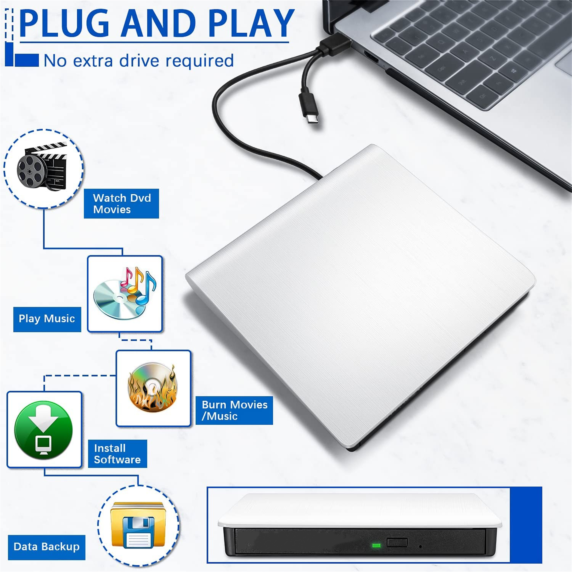 Ein silbernes externes DVD-Laufwerk, das über ein USB-Kabel mit einem Laptop verbunden ist, mit Daten-Backup, Musik- und Film-Symbolen.