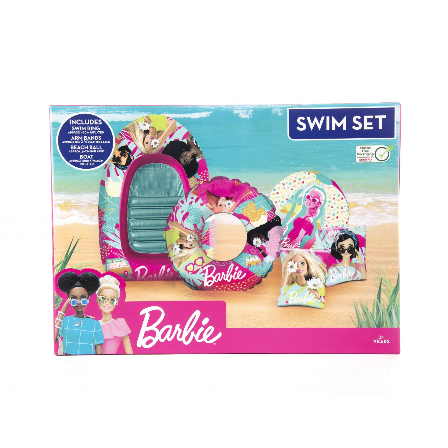 Ein Barbie-Schwimmset mit Schwimmring, Armbändern, Strandball und Boot.