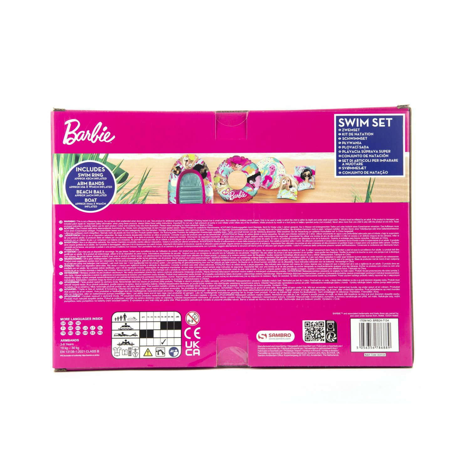 Rosa Barbie-Schwimmset-Verpackung. Enthält Armbänder, einen Strandball, ein Boot und einen Punch.