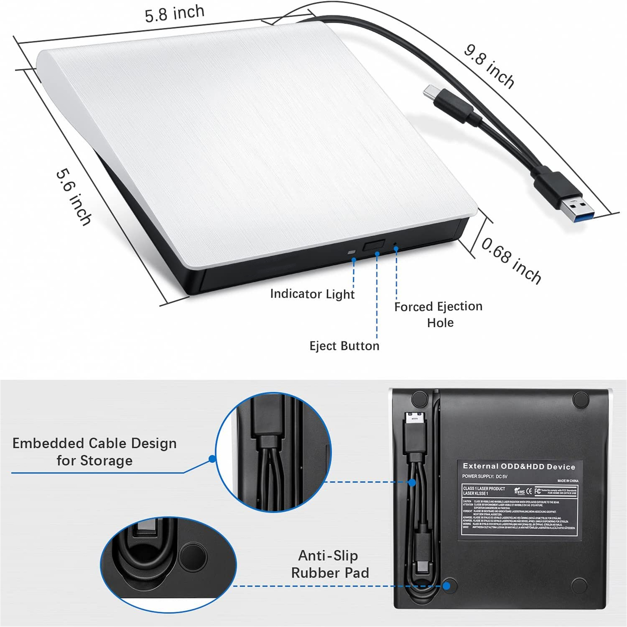 Ein externes ODD&HDD-Gerät mit Abmessungen und Beschriftungen, das die Vorder- und Rückseite zeigt.