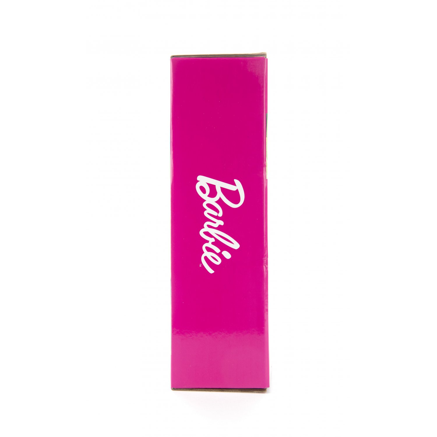 Rosa Barbie-Box, Seitenansicht. Weißer "Barbie"-Text. Weißer Hintergrund.