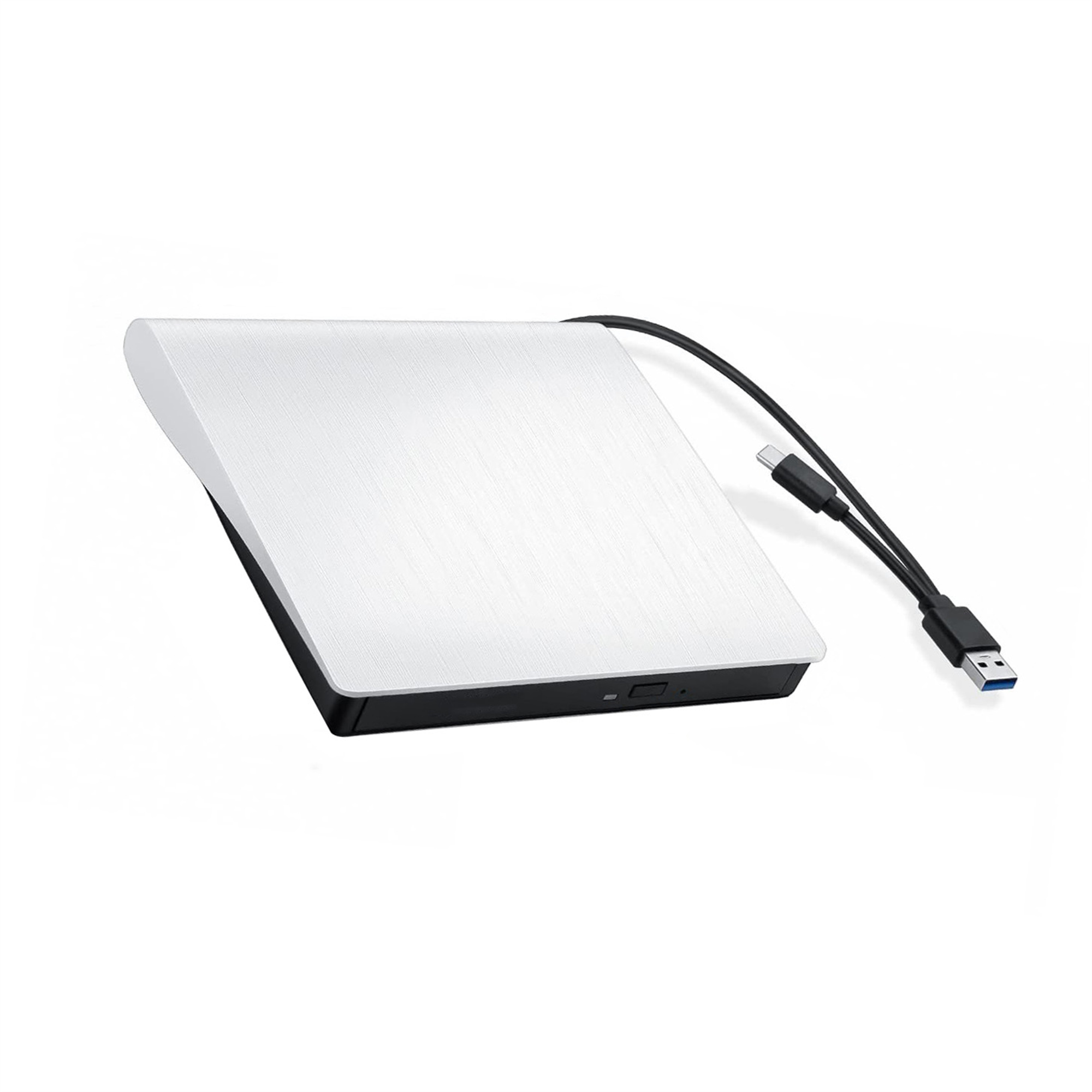 Externe Festplatte mit USB- und USB-C-Kabel.