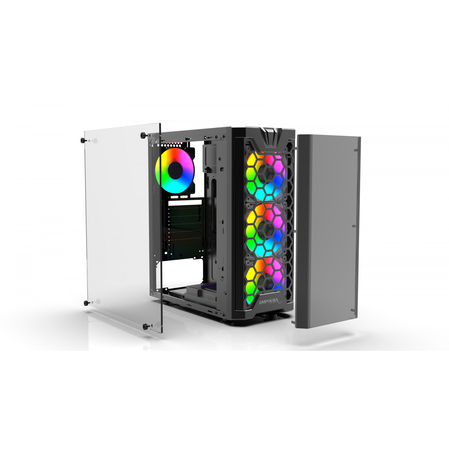 Ein schwarzes Computergehäuse mit Glas-Seitenwänden, die interne Komponenten und Lüfter zeigen.