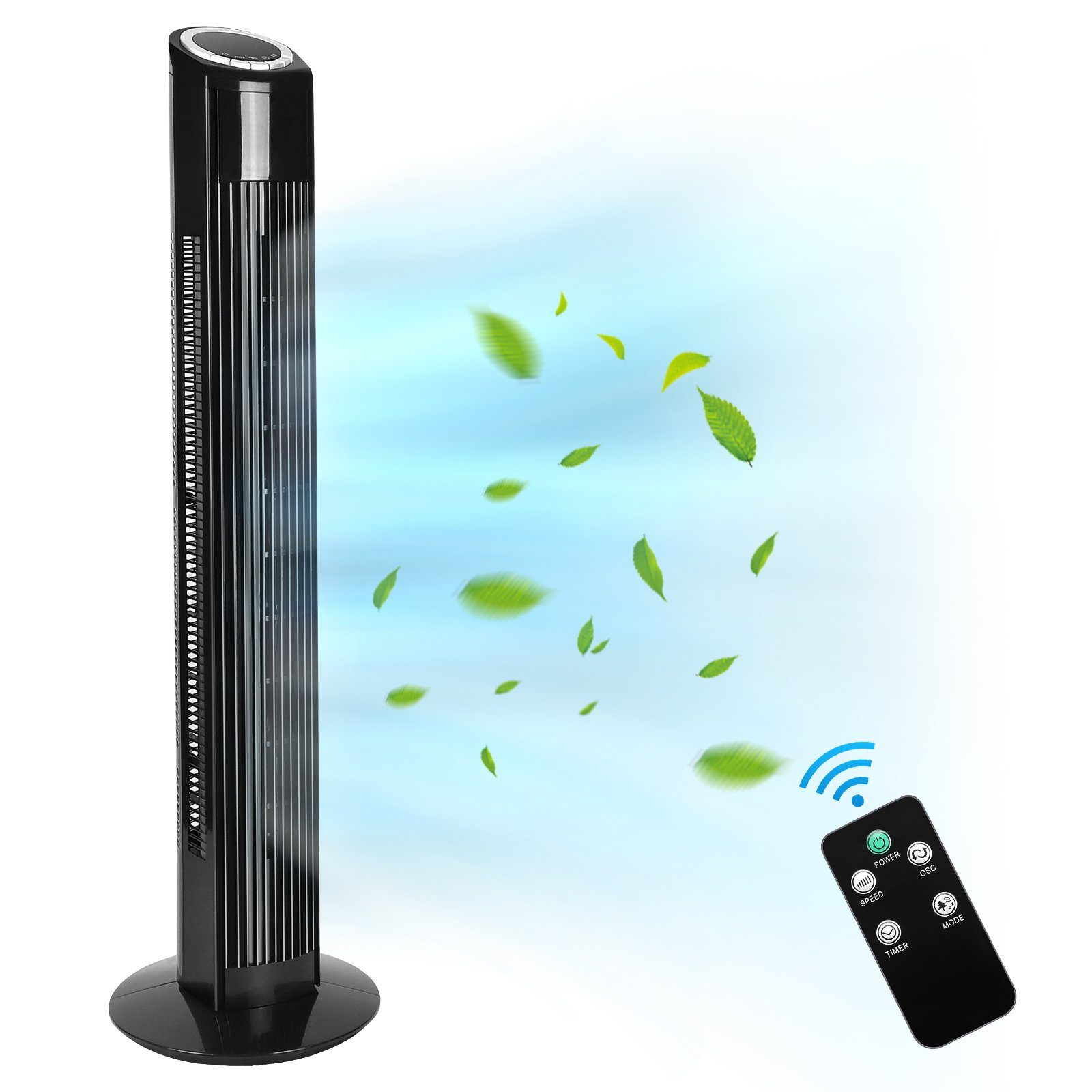 Un ventilatore a torre nero con foglie e telecomando. Ha una base nera e un pannello di controllo.