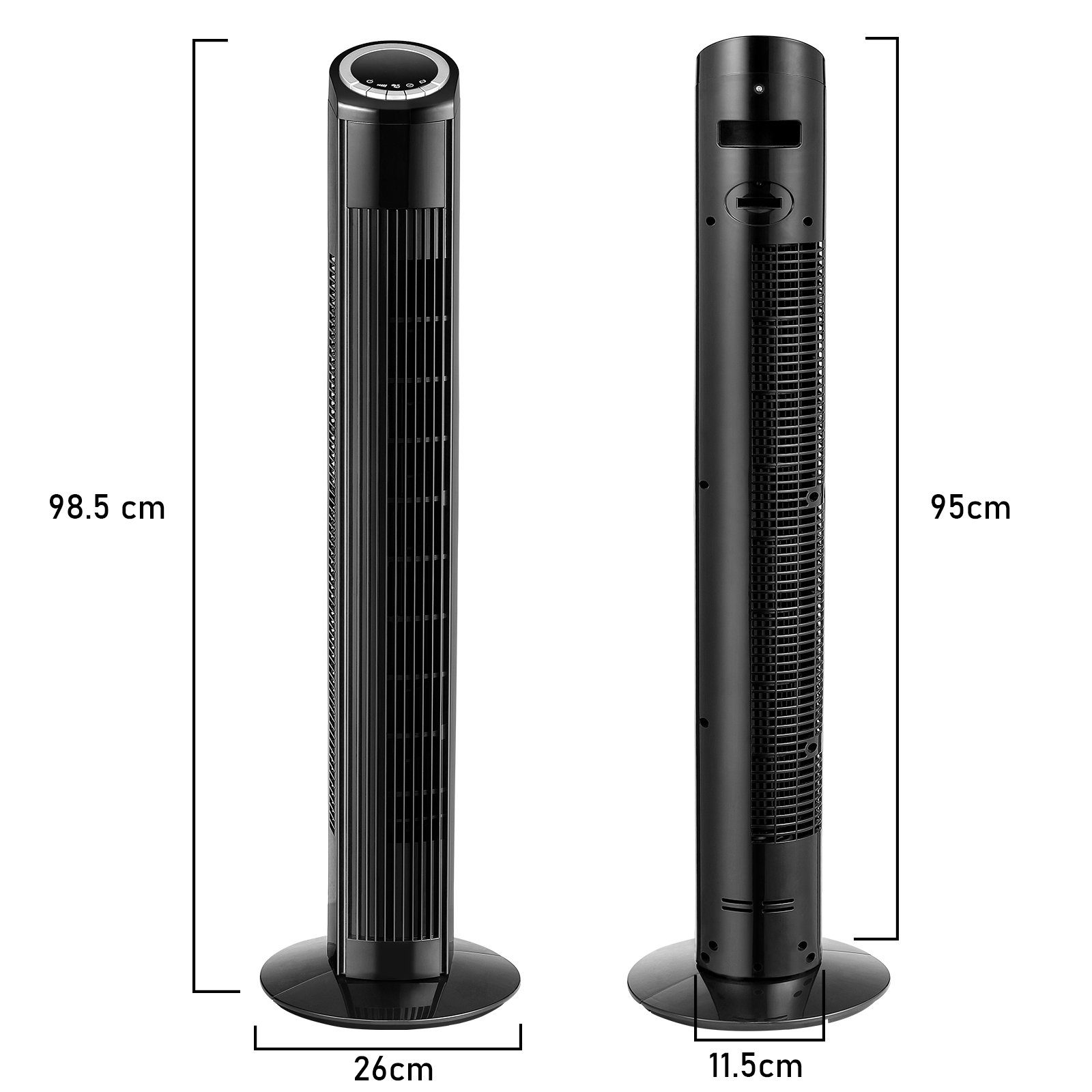 Due ventilatori a torre neri, con dimensioni. Uno è alto 98,5 cm e largo 26 cm.