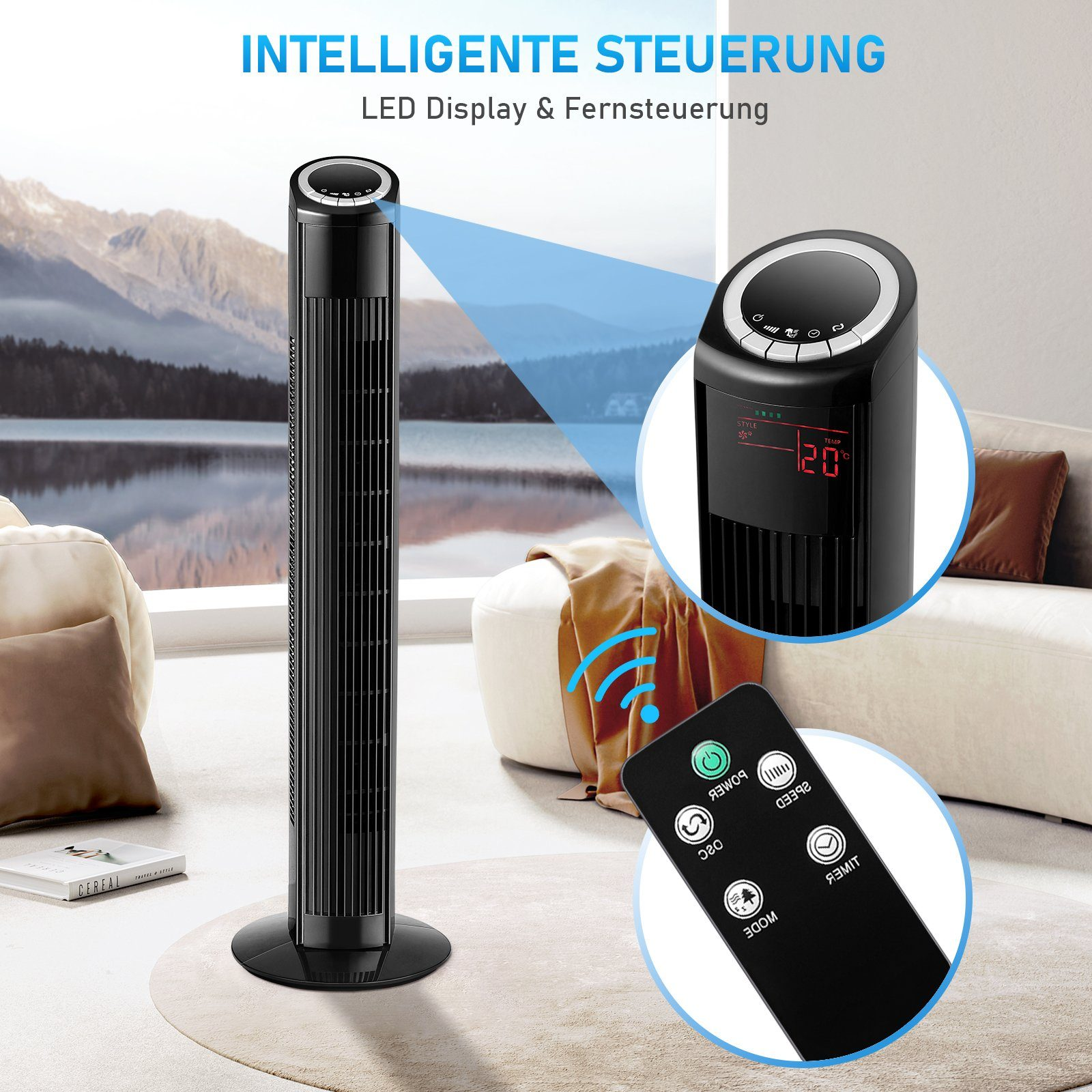 Un ventilatore oscillante nero e alto con display digitale e telecomando. Una stanza è sullo sfondo.