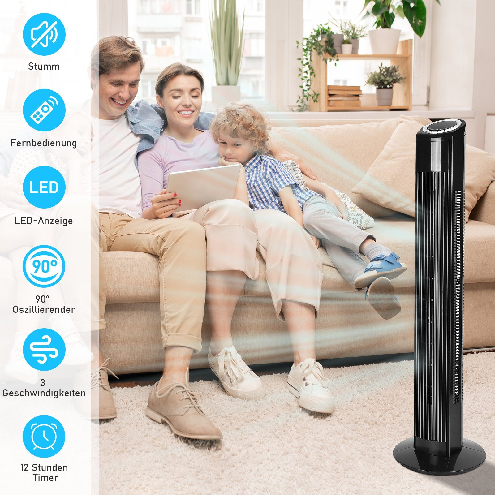 Una famiglia con un ventilatore sullo sfondo con icone e testo che descrivono le funzioni.