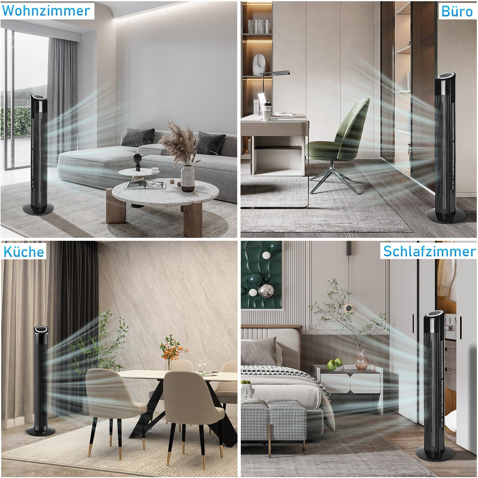 Quattro immagini di un ventilatore in stanze diverse: soggiorno, ufficio, cucina e camera da letto. Ogni stanza ha un ventilatore.