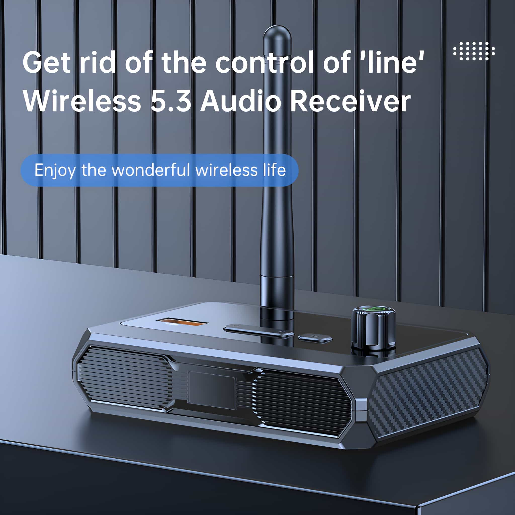 Schwarzer drahtloser Audio-Empfänger mit Antenne und Knopf auf einem Tisch. Text: 'Wireless 5.3 Audio Receiver'.