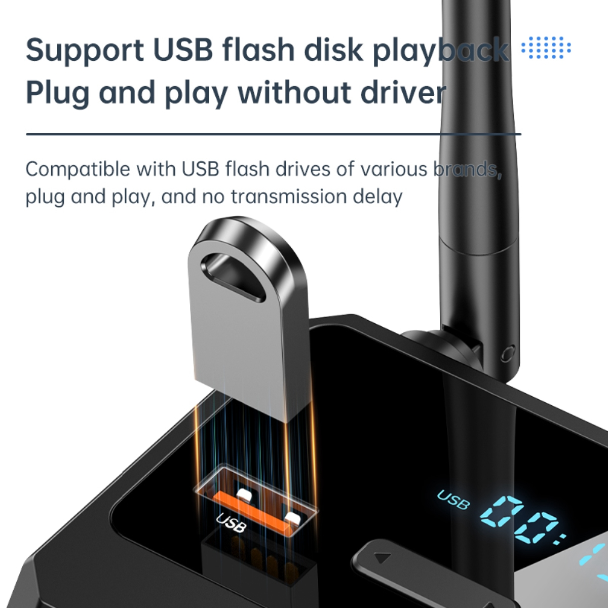 Das Bild zeigt ein Gerät mit USB-Anschluss, das die Wiedergabe von USB-Flash-Laufwerken und Plug-and-Play-Funktionen veranschaulicht.