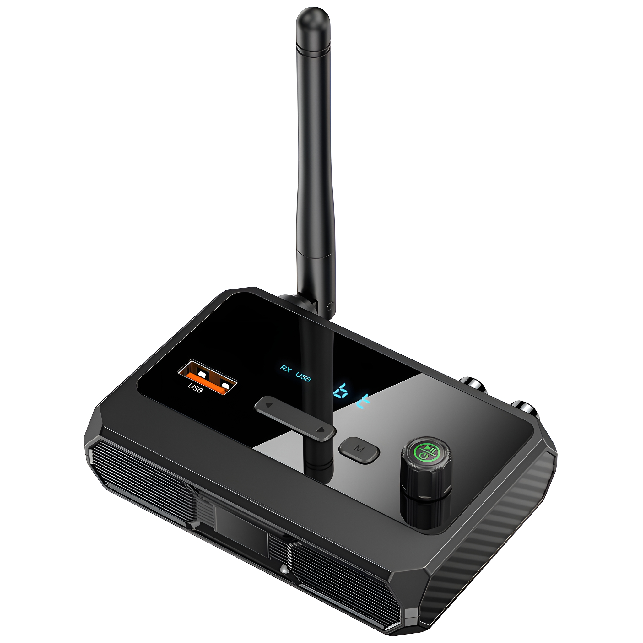Schwarzes Gerät mit Antenne, USB-Anschlüssen und Knöpfen, wahrscheinlich ein Sender.