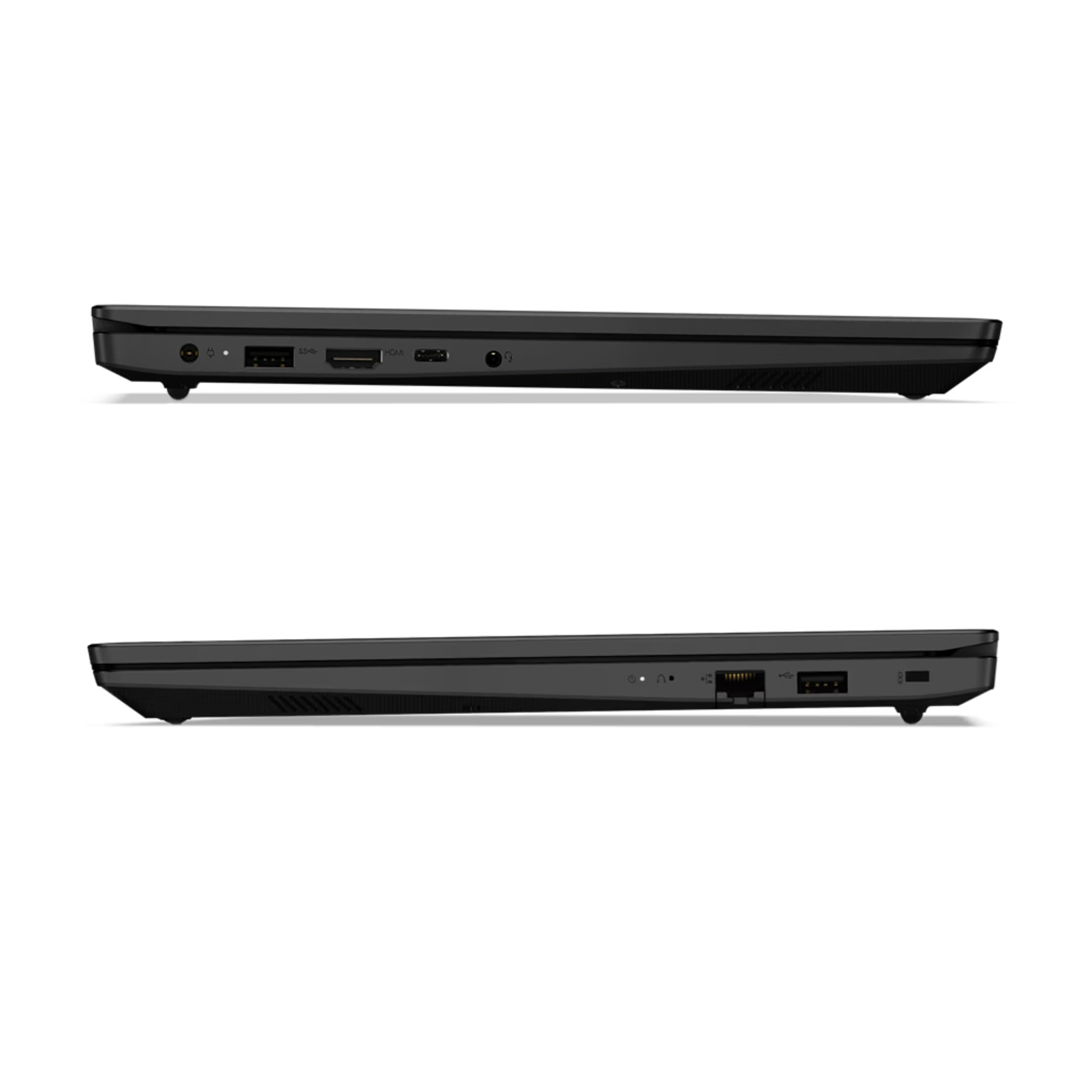 Zwei Seitenansichten eines schwarzen Laptops. Die Seiten des Laptops mit Anschlüssen zeigend.