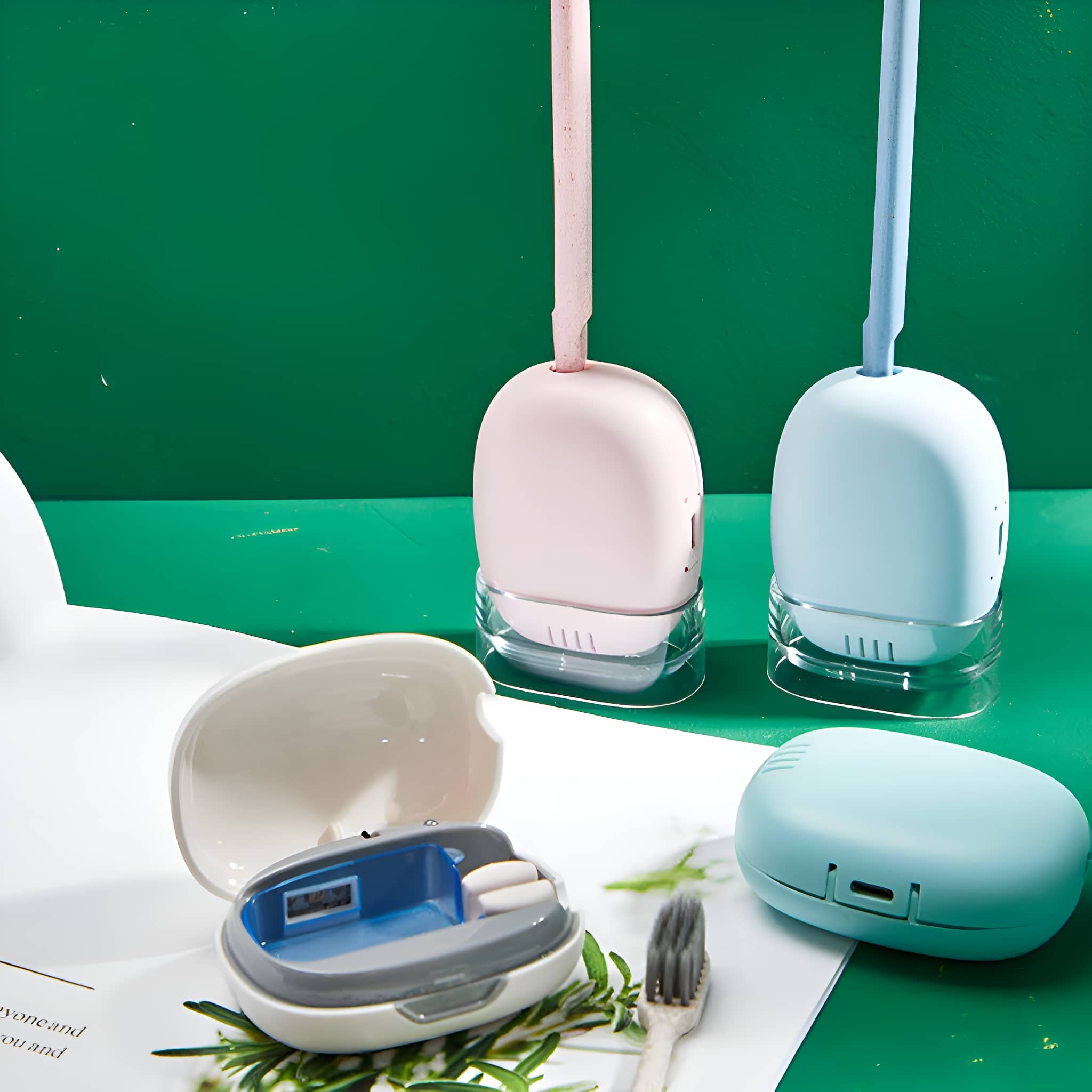 Zwei elektrische Zahnbürstenköpfe, rosa und blau. Ein Etui ist geöffnet mit Zubehör. Grüner Hintergrund.