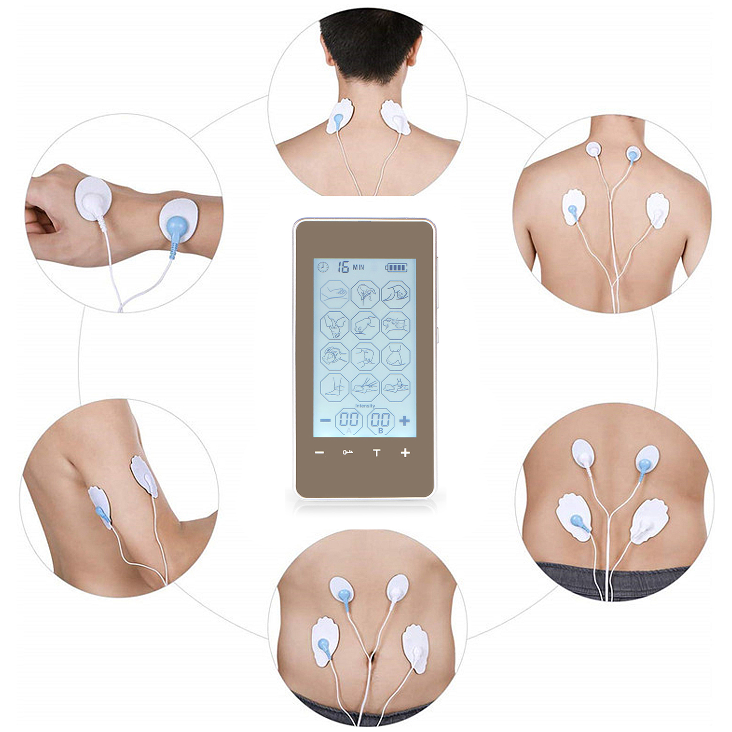 Un dispositivo con varias almohadillas de electrodos adheridas a diferentes partes del cuerpo.