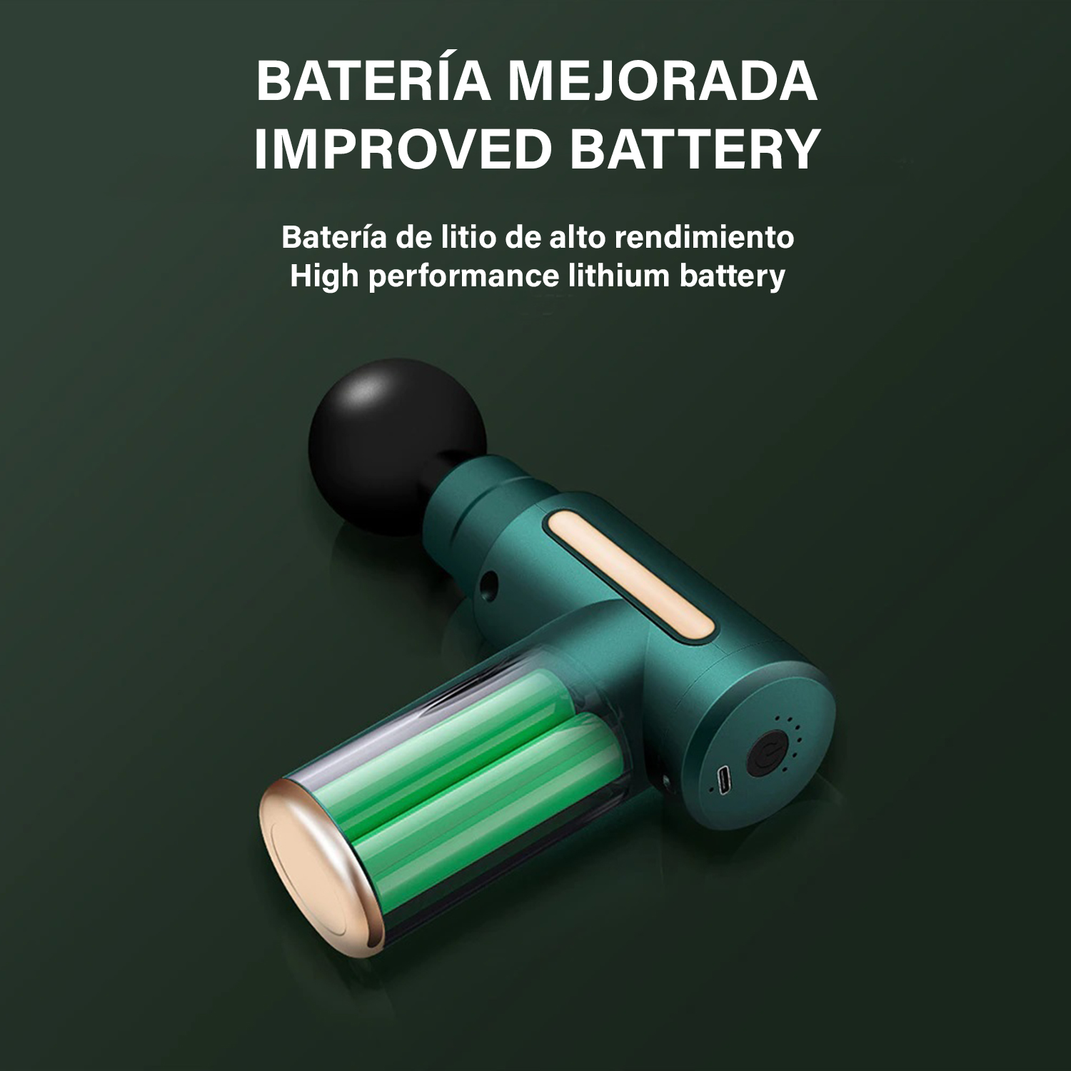 Pistola de masaje verde con dos baterías. El producto está sobre un fondo verde oscuro. Texto visible en la parte superior.