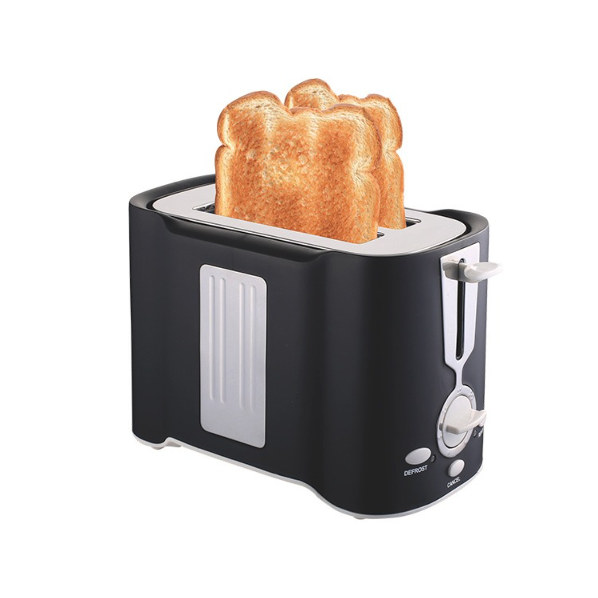 Ein schwarzer Toaster mit zwei herausragenden Toastbrotscheiben auf weißem Hintergrund.