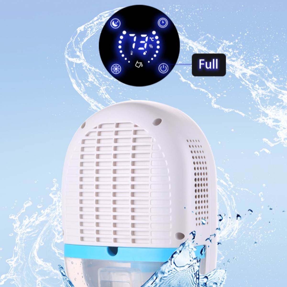 Weiß-blauer Luftentfeuchter mit Digitalanzeige. Wasserspritzer im Hintergrund.