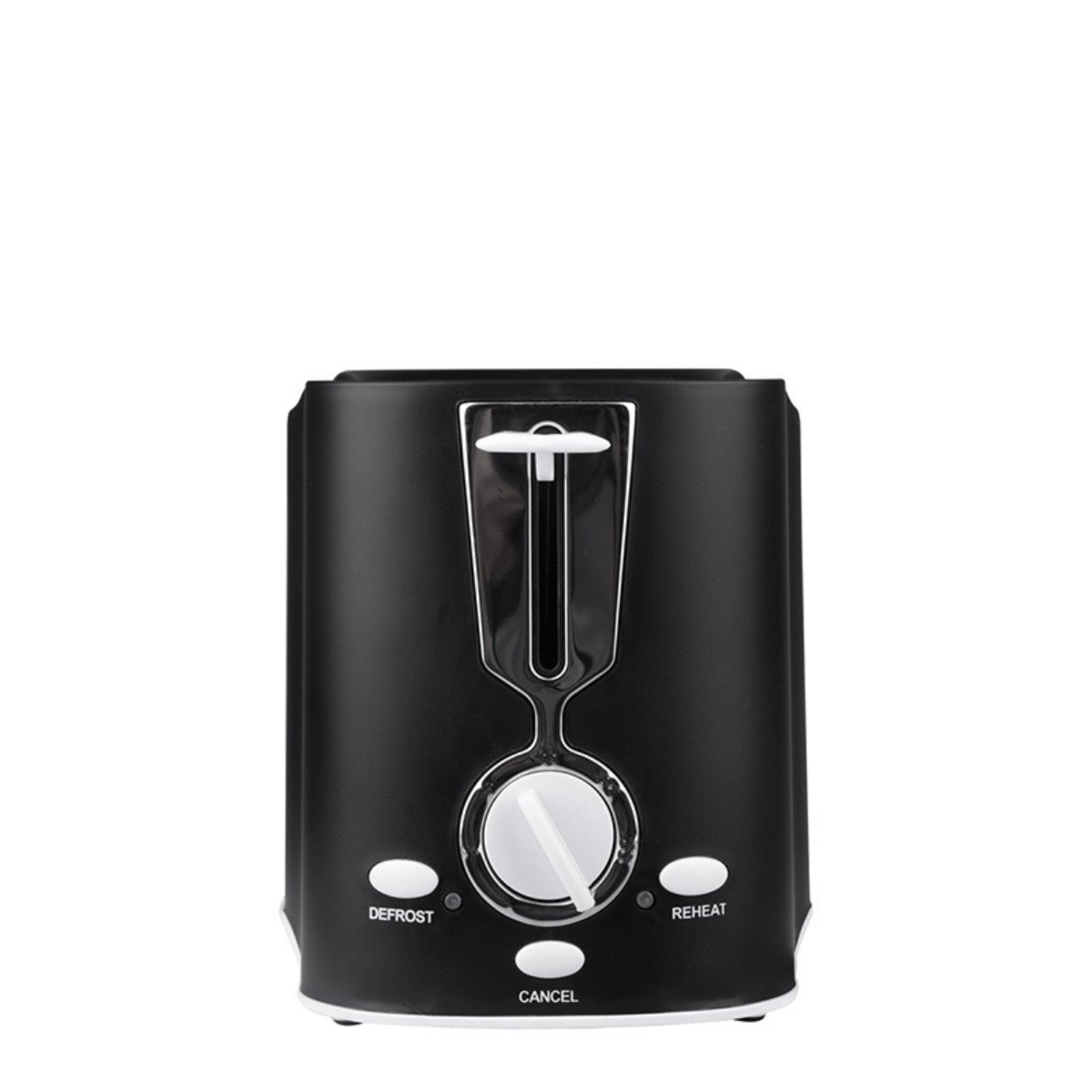 Ein schwarzer Toaster mit Steuertasten für Auftauen, Aufwärmen und Abbrechen. Er hat einen weißen Drehknopf in der Mitte.