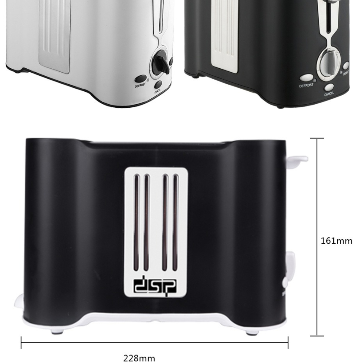 Schwarz-weiße Toaster. Einer ist schwarz, der andere weiß, mit Bedienelementen zum Auftauen und Abbrechen.