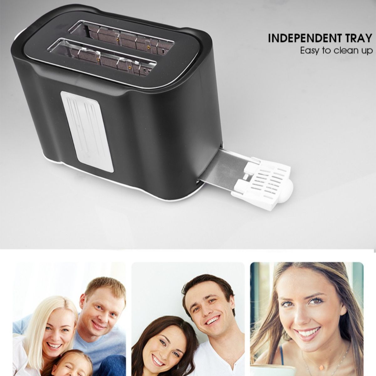 Schwarzer Toaster mit zwei Schlitzen. Unabhängige Schale für einfache Reinigung. Menschen lächeln im Hintergrund.