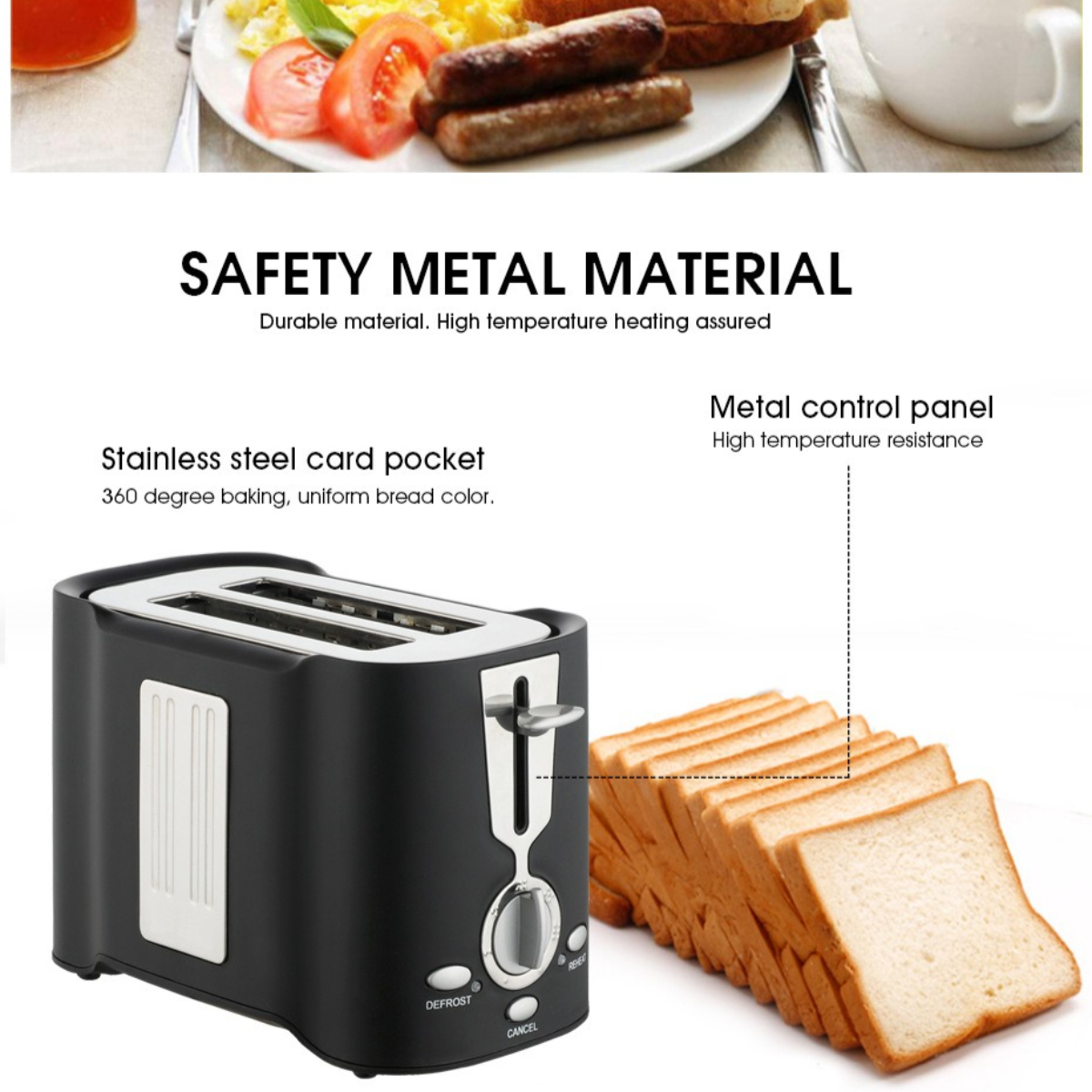 Ein schwarzer Toaster mit Brotscheiben daneben und einem Teller mit Essen darüber. Text beschreibt die Eigenschaften des Toasters.