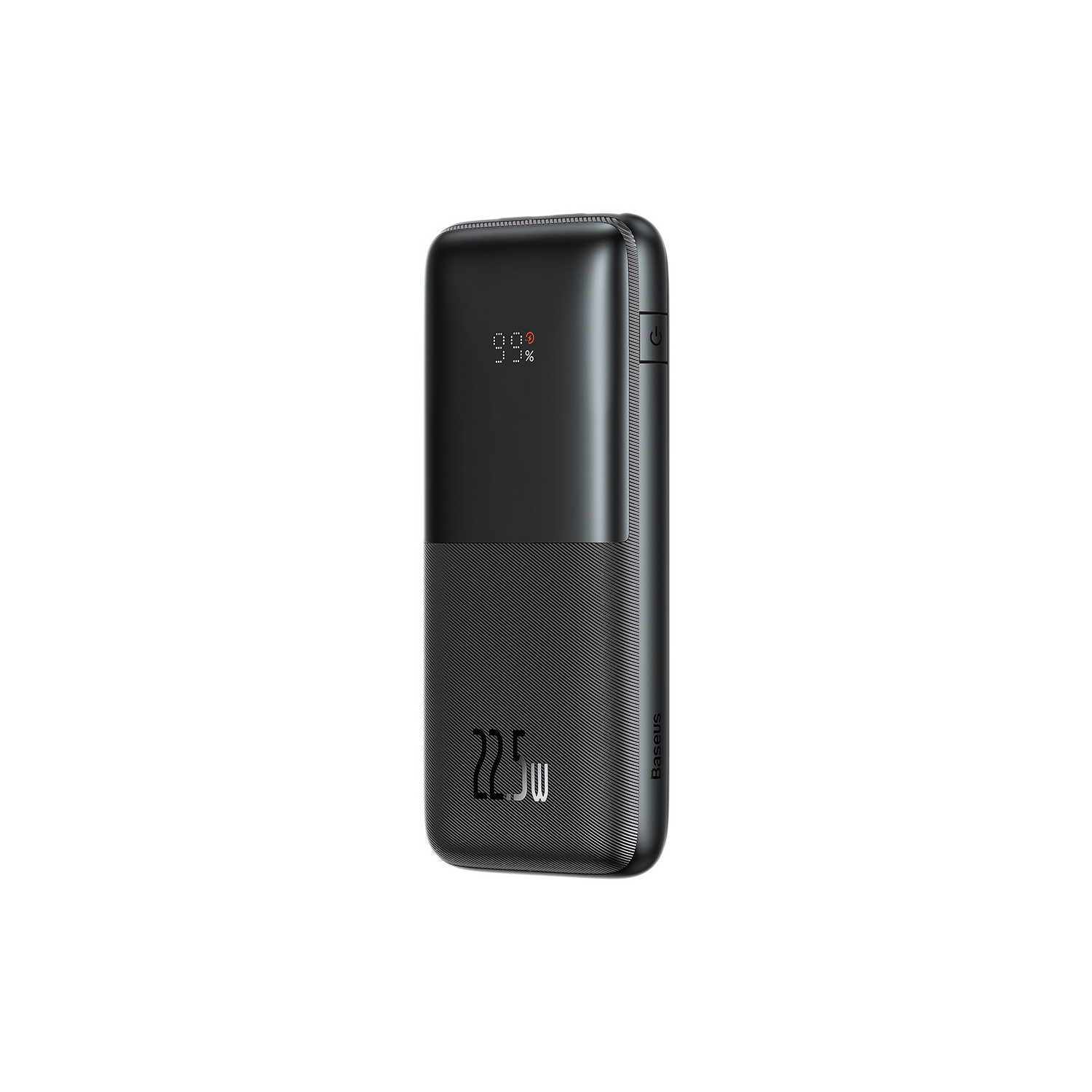Schwarze und graue Powerbank mit digitaler Anzeige für Akkustand und Wattzahl.