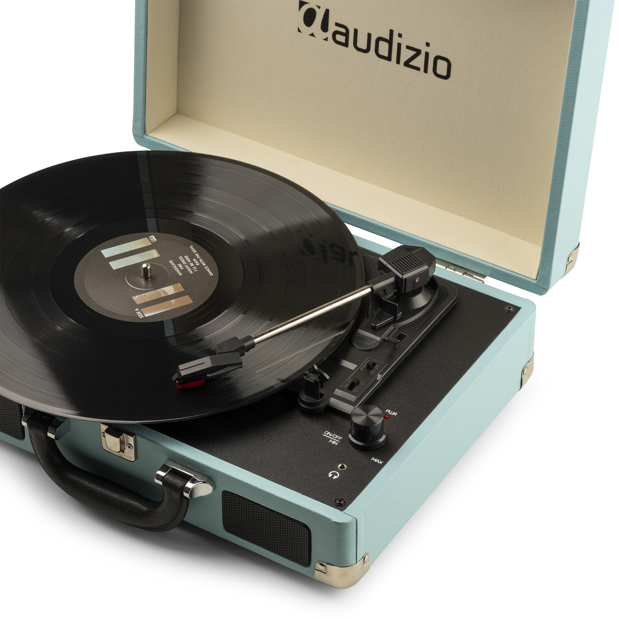Tocadiscos portátil turquesa con disco negro y tapa abierta, fondo blanco.