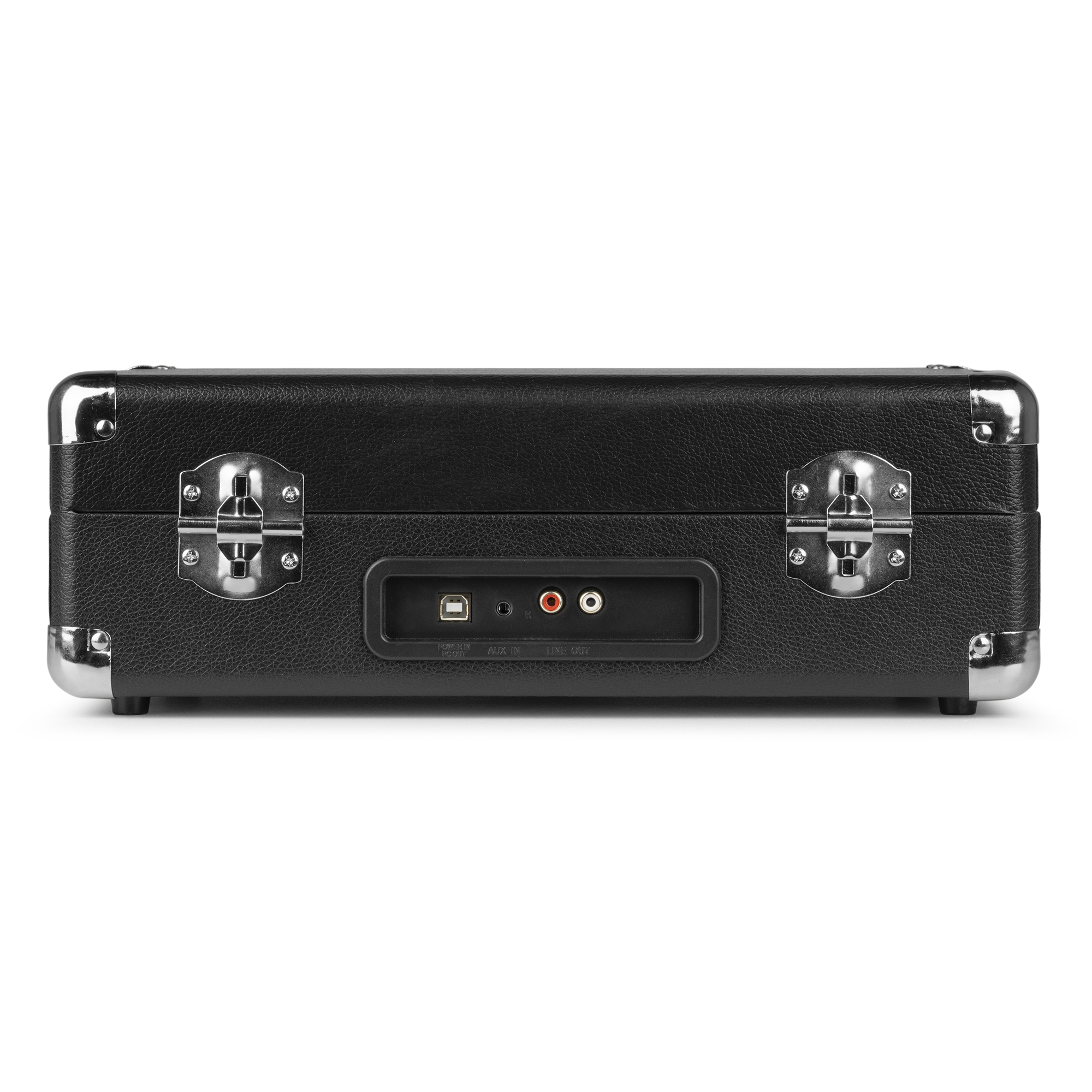 Tocadiscos negro con detalles plateados, que muestra el panel trasero con puertos USB, AUX y salida de línea.