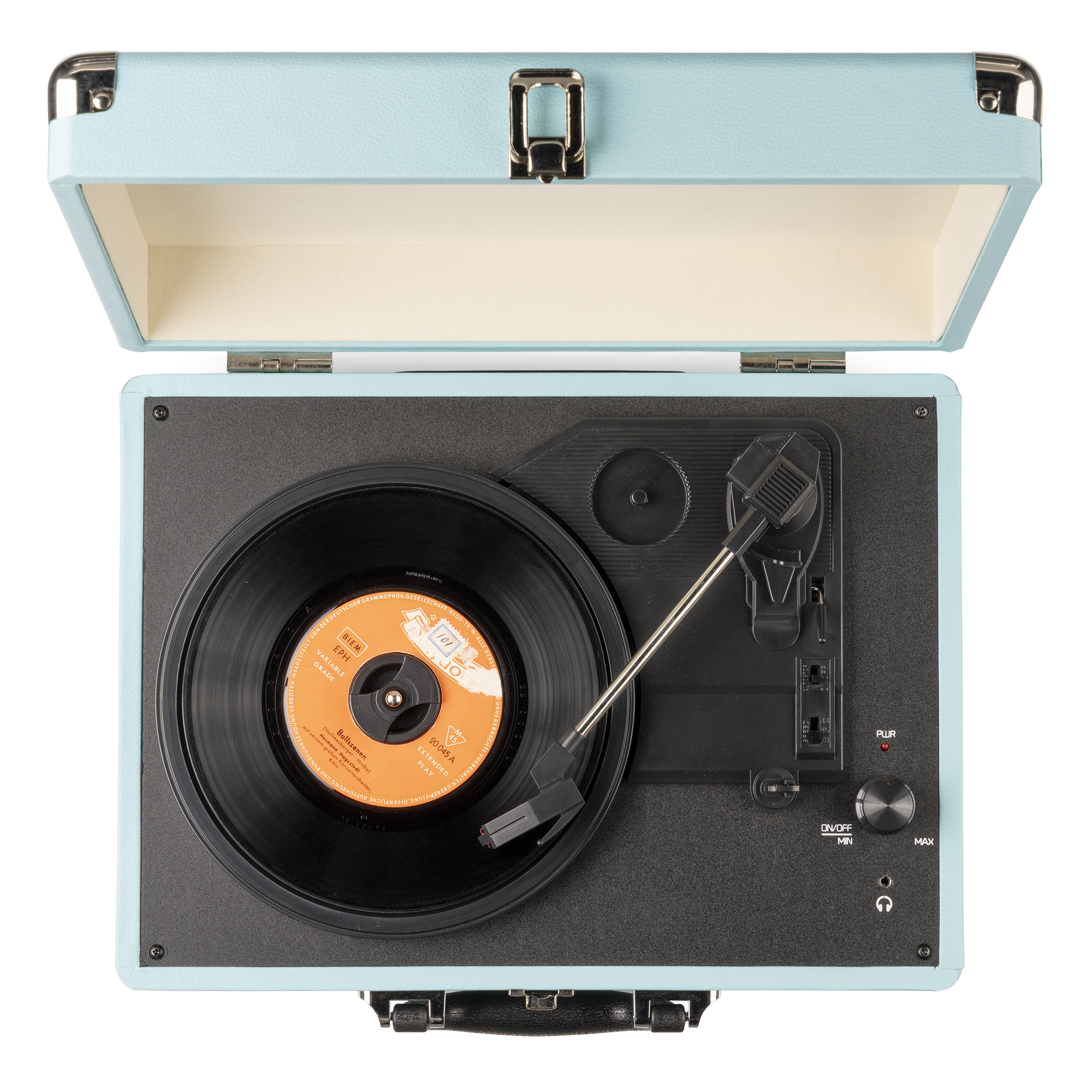 Tocadiscos con disco reproduciéndose. Estuche azul claro, base negra, disco girando con etiqueta naranja.