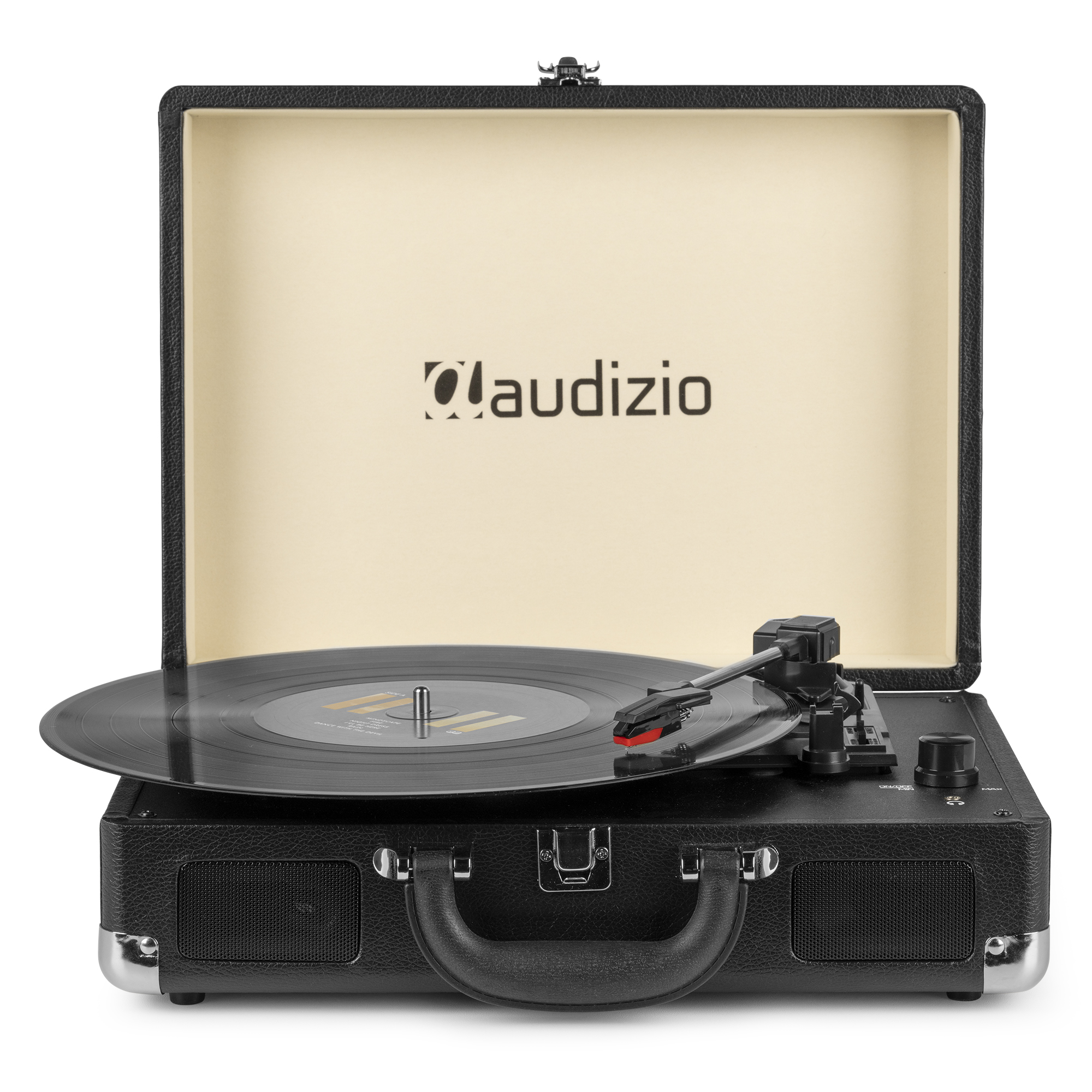 Tocadiscos negro de maleta, abierto con disco y aguja visibles, logo de la marca dentro.