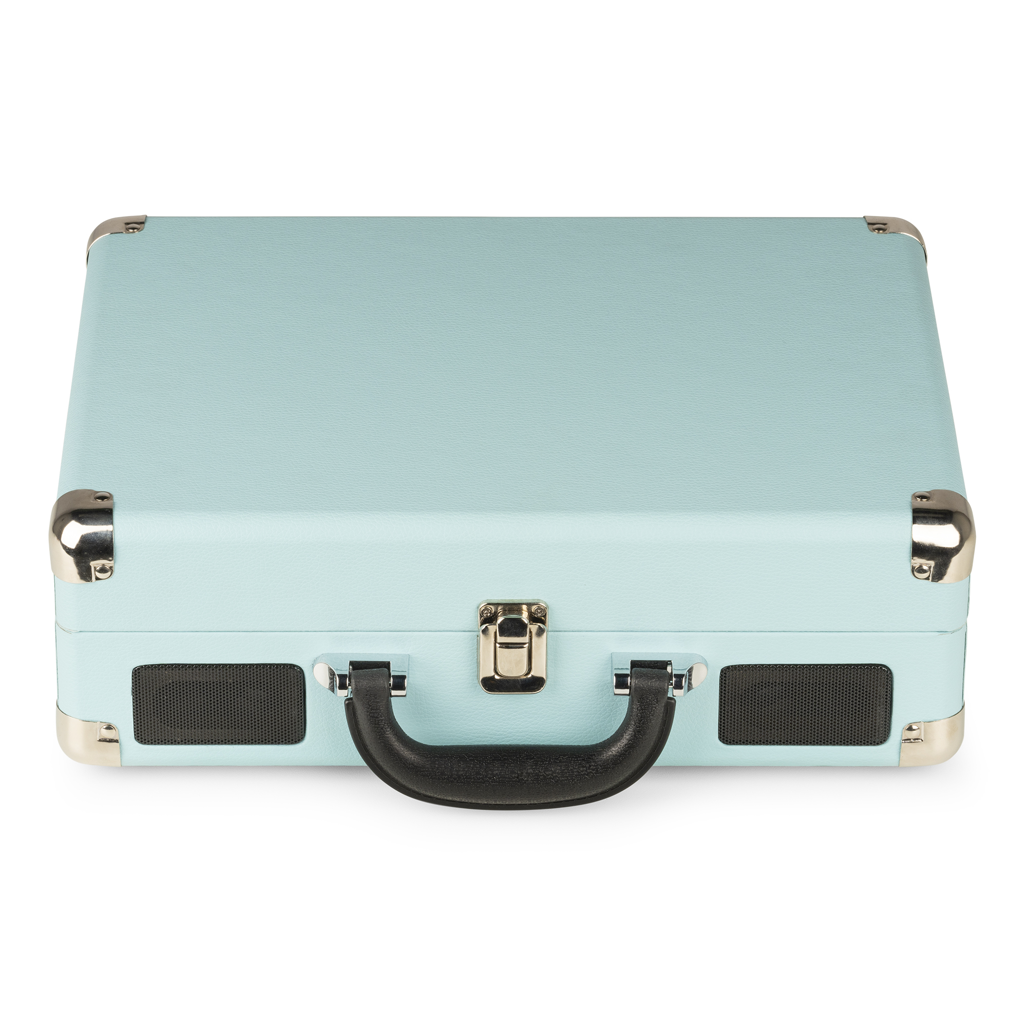 Un tocadiscos de estilo maleta vintage azul claro.