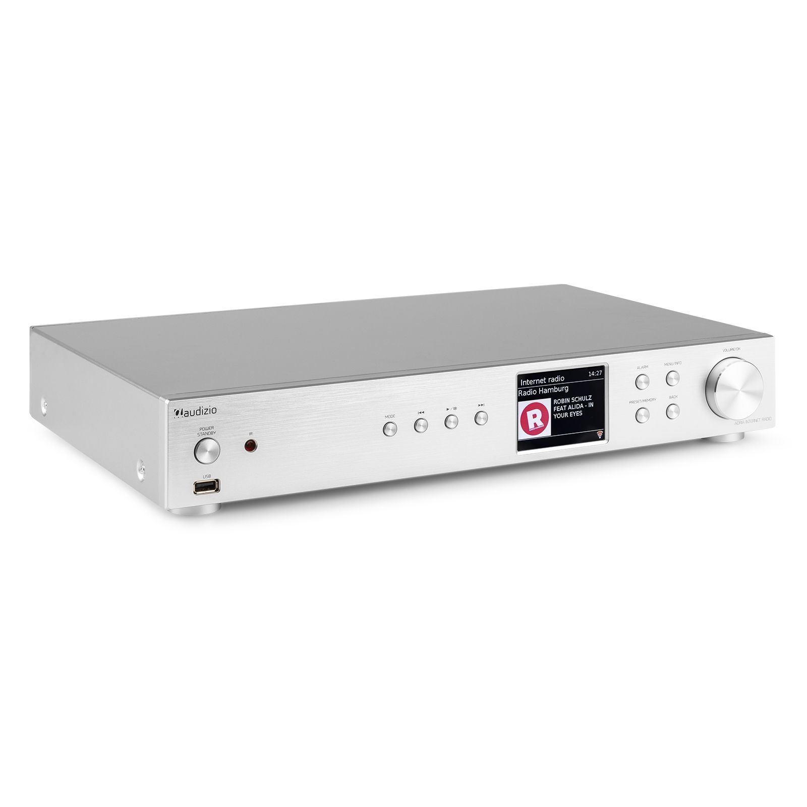 Receptor de audio plateado. Muestra información en la pantalla. Tiene botones y una perilla giratoria.