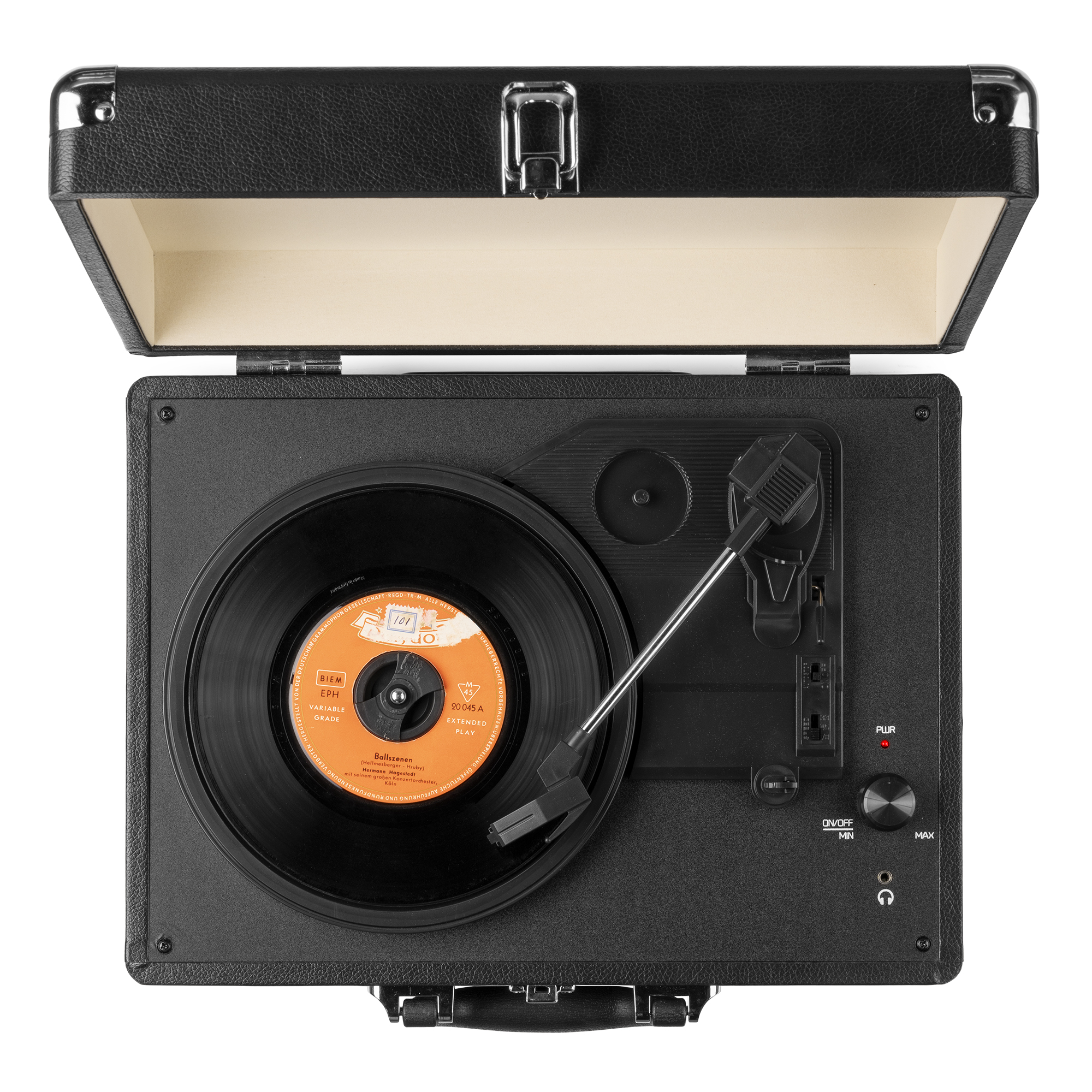 Un tocadiscos negro con la tapa abierta, reproduciendo un disco de vinilo. Se ven los controles y la aguja.