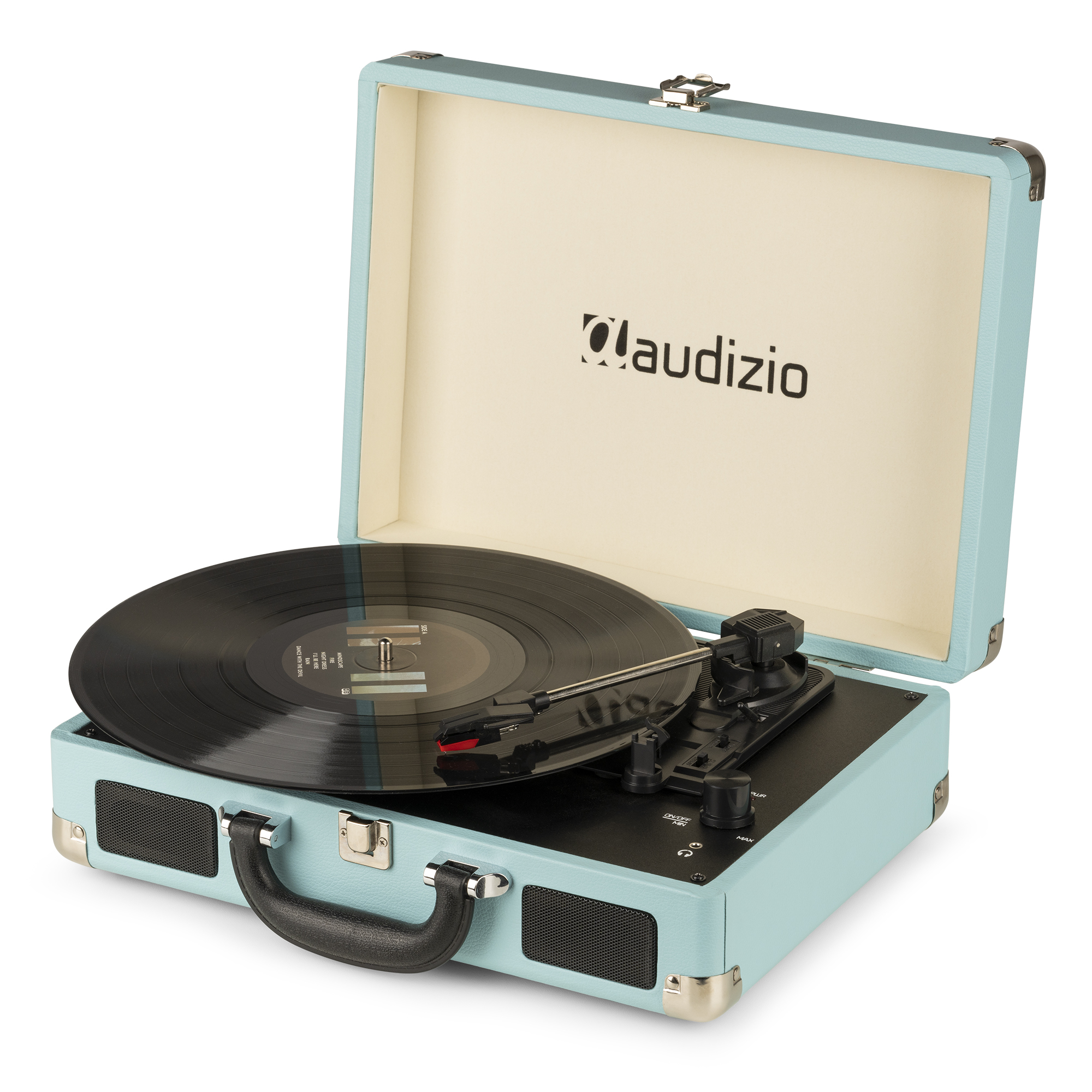 Un tocadiscos azul con un disco de vinilo negro dentro, abierto, con la marca 'audizio' visible.