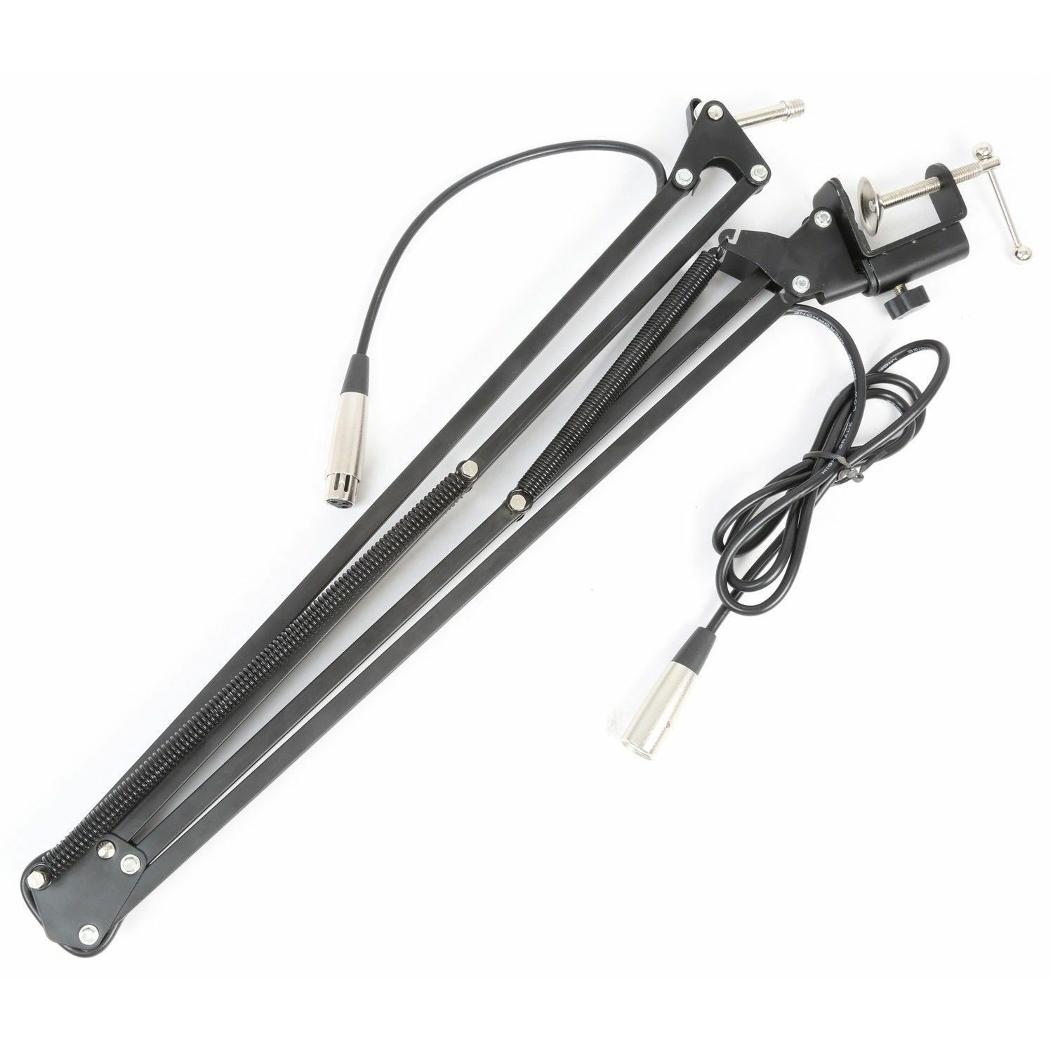 Brazo de micrófono negro con conector de micrófono y cable.