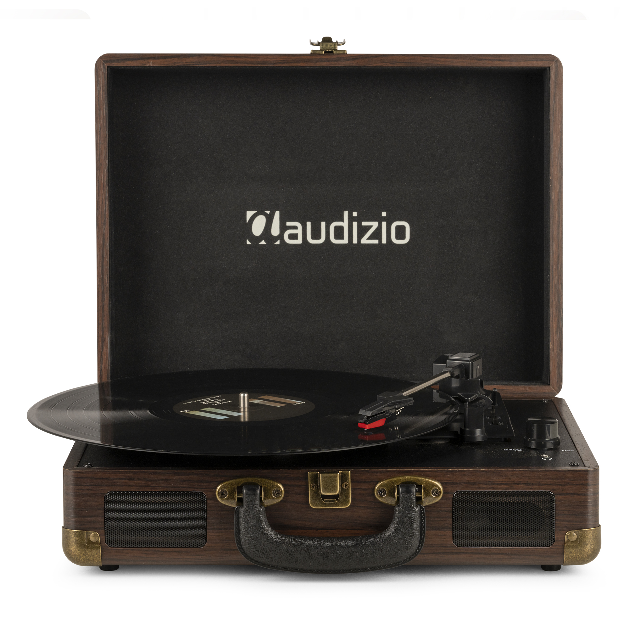 Un tocadiscos de madera con un disco. La marca 'claudio' es visible en la parte superior.