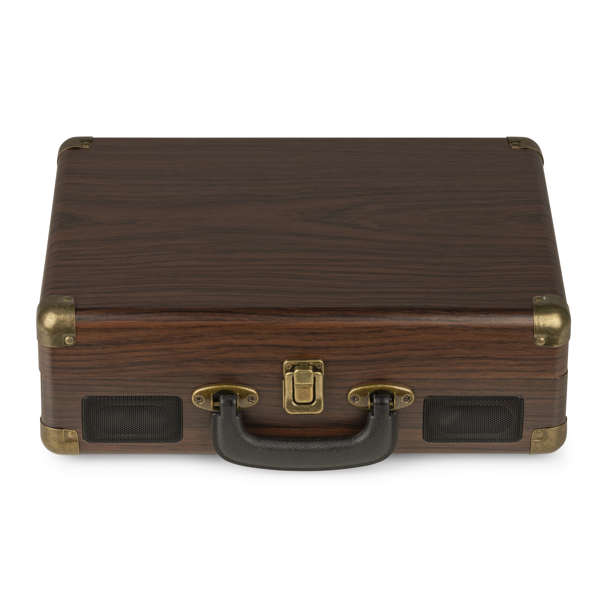 Una maleta de madera marrón de estilo vintage con asa y detalles metálicos.