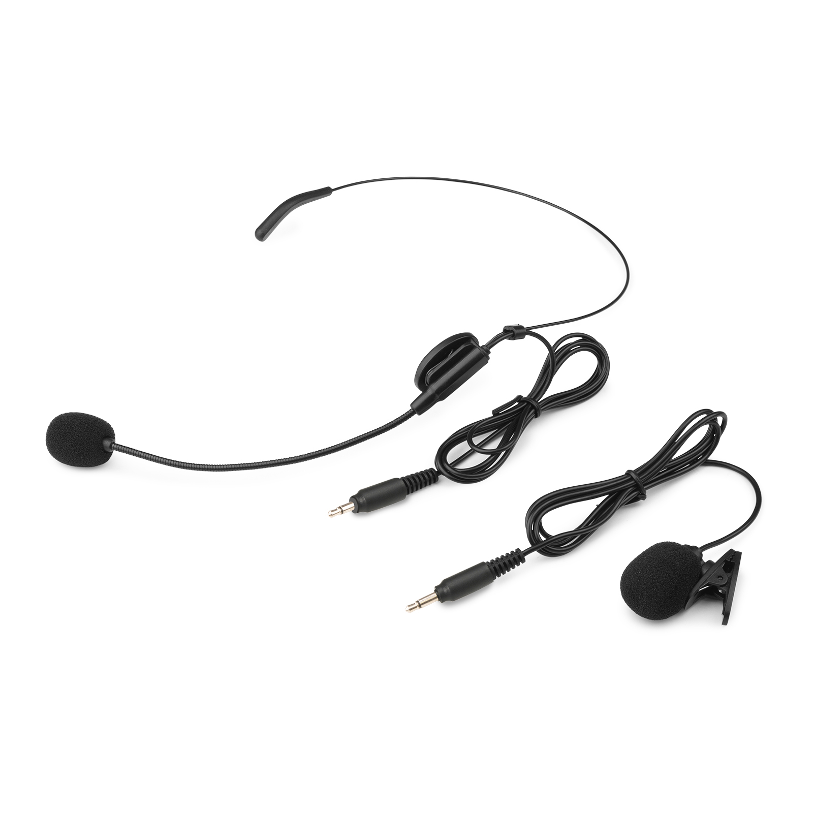 Czarne słuchawki i mikrofony na białym tle. Widoczne przewody i osłony piankowe.