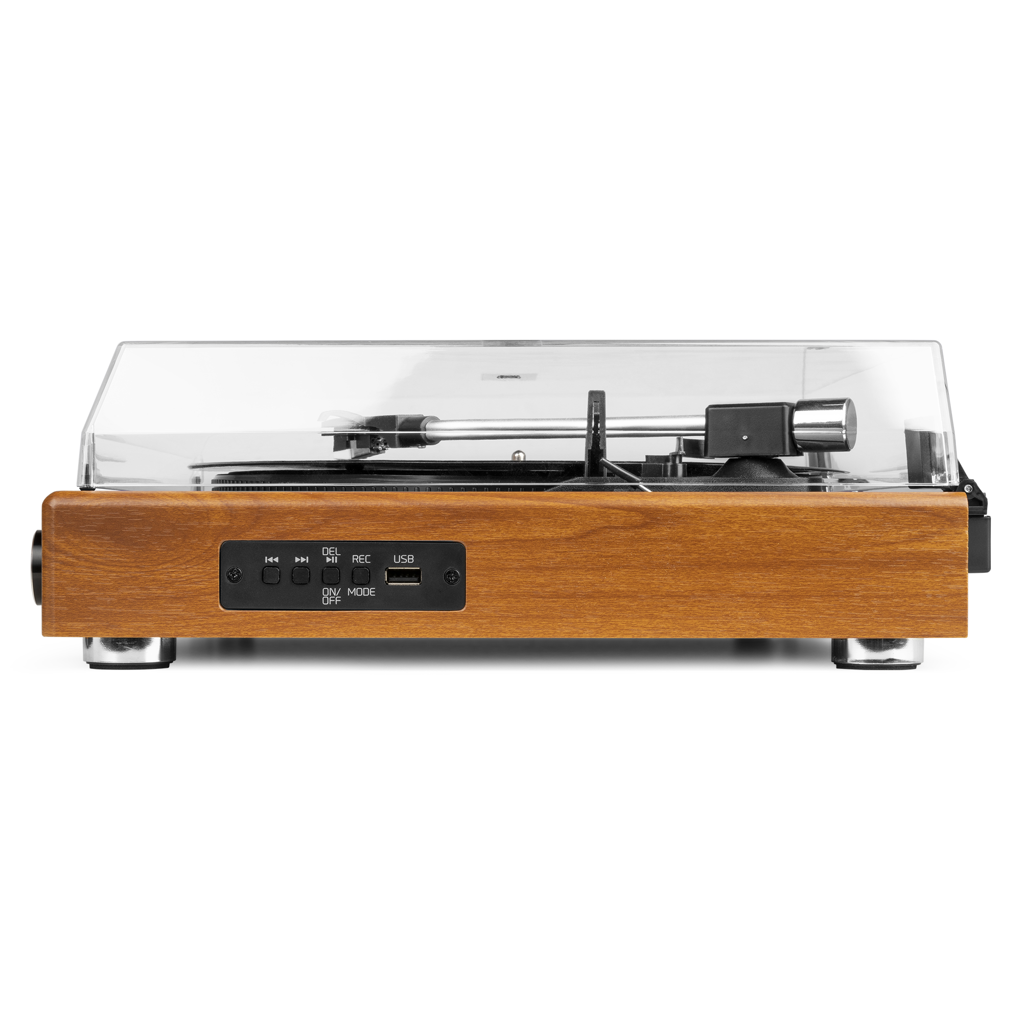 Tocadiscos de madera con botones de control, una cubierta transparente y un disco reproduciéndose.