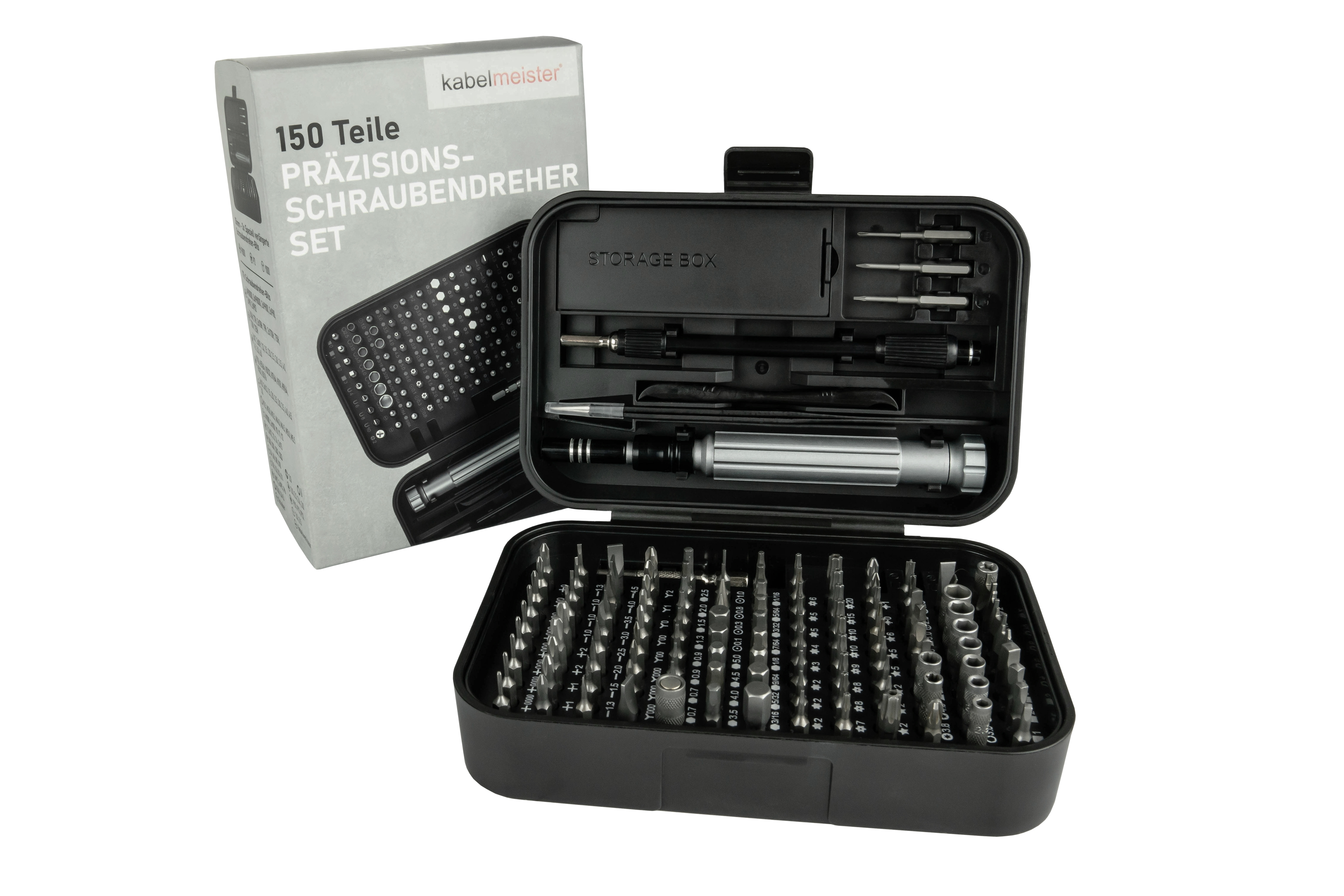 Eine Werkzeugkiste mit einem 150-teiligen Präzisions-Schraubendreher-Set. Die Box ist offen.