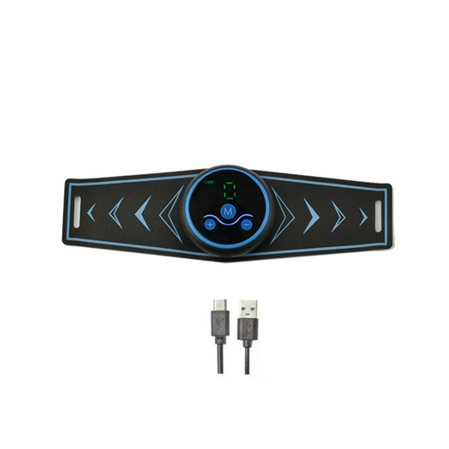 Un estimulador muscular abdominal negro y azul con dos cables de carga USB.