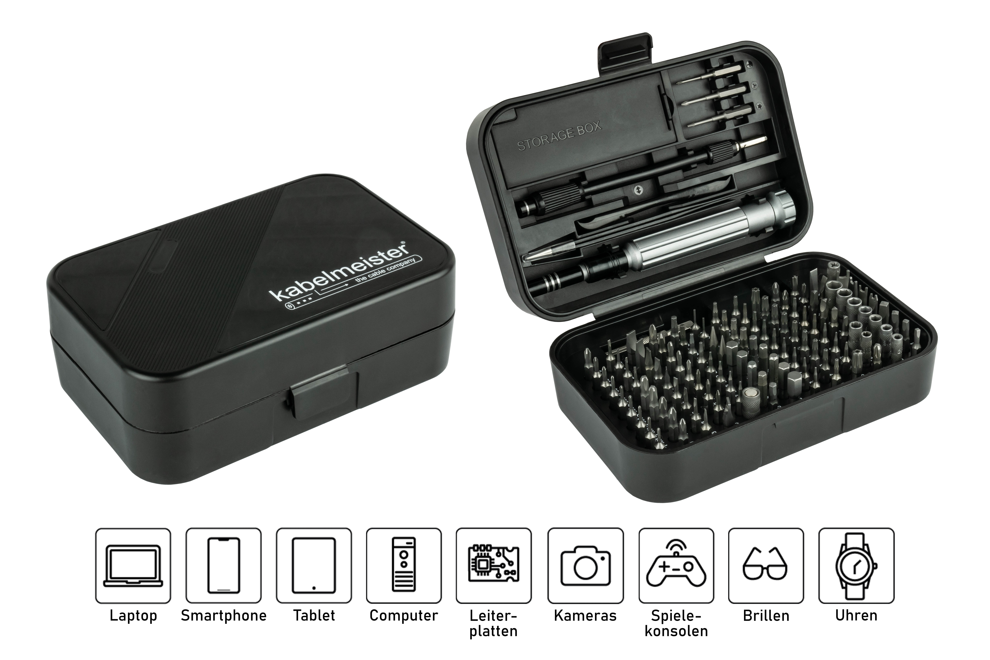 Ein schwarzes Werkzeugset mit verschiedenen Werkzeugen und einer Aufbewahrungsbox, darunter Symbole.