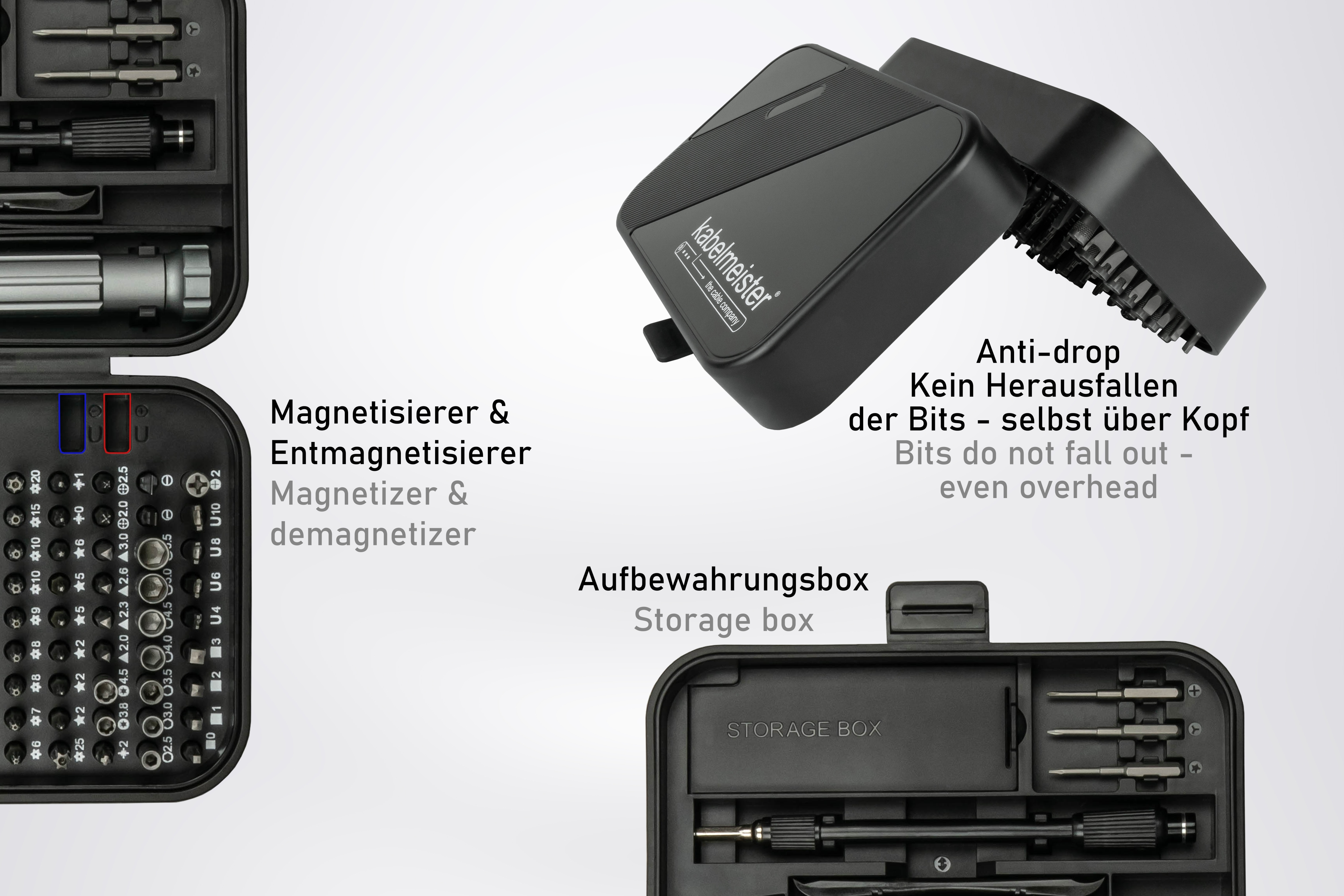 Eine schwarze Werkzeugkiste mit Werkzeugen und Text.