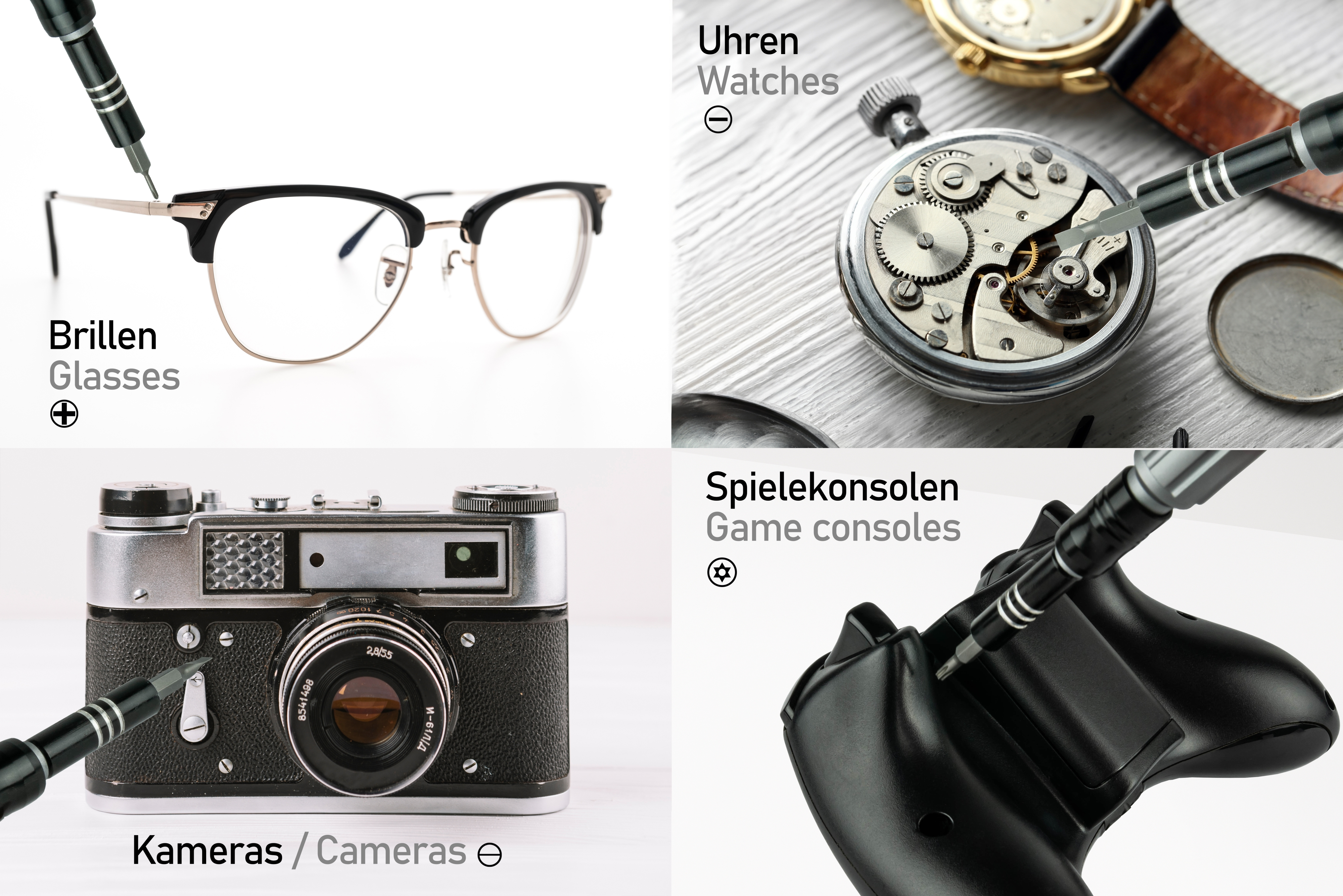 Vier Bilder: Brille, Uhrwerk, Kamera und Gamecontroller werden mit Schraubenzieher justiert.