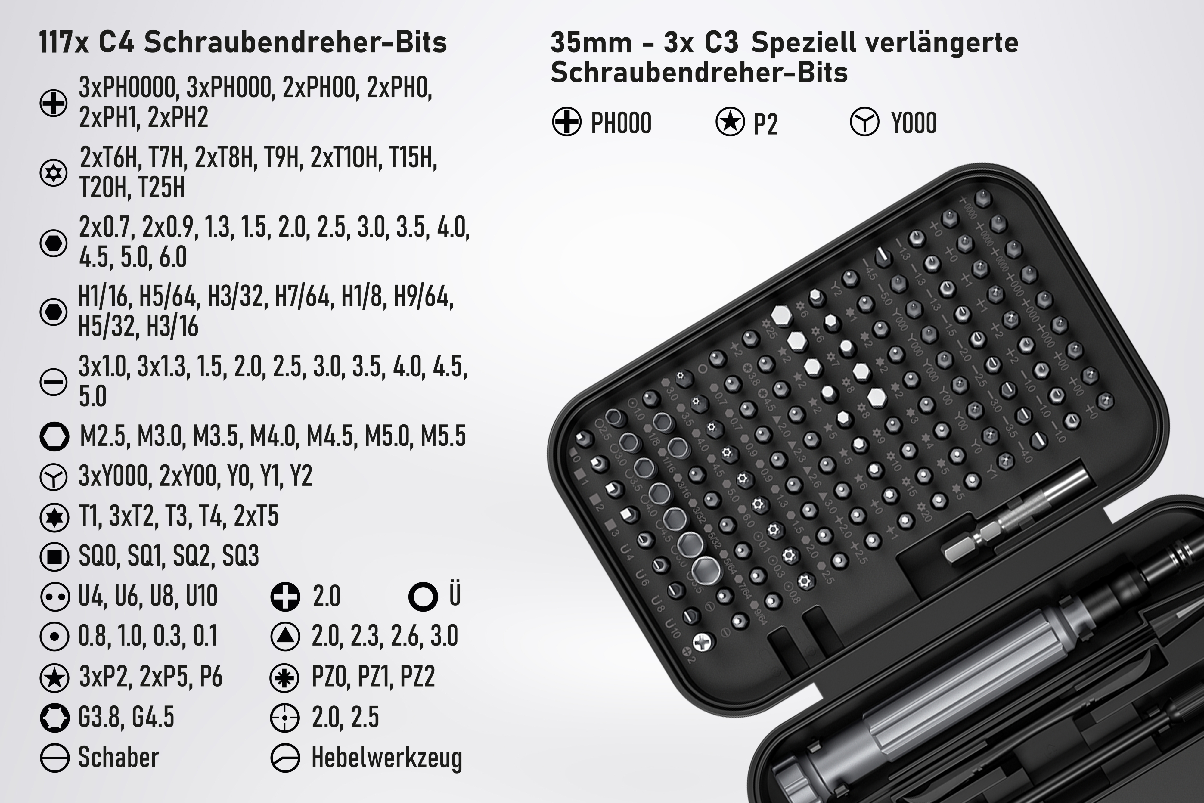 Ein Satz Schraubendreherbits mit detaillierten Etiketten und Anweisungen.