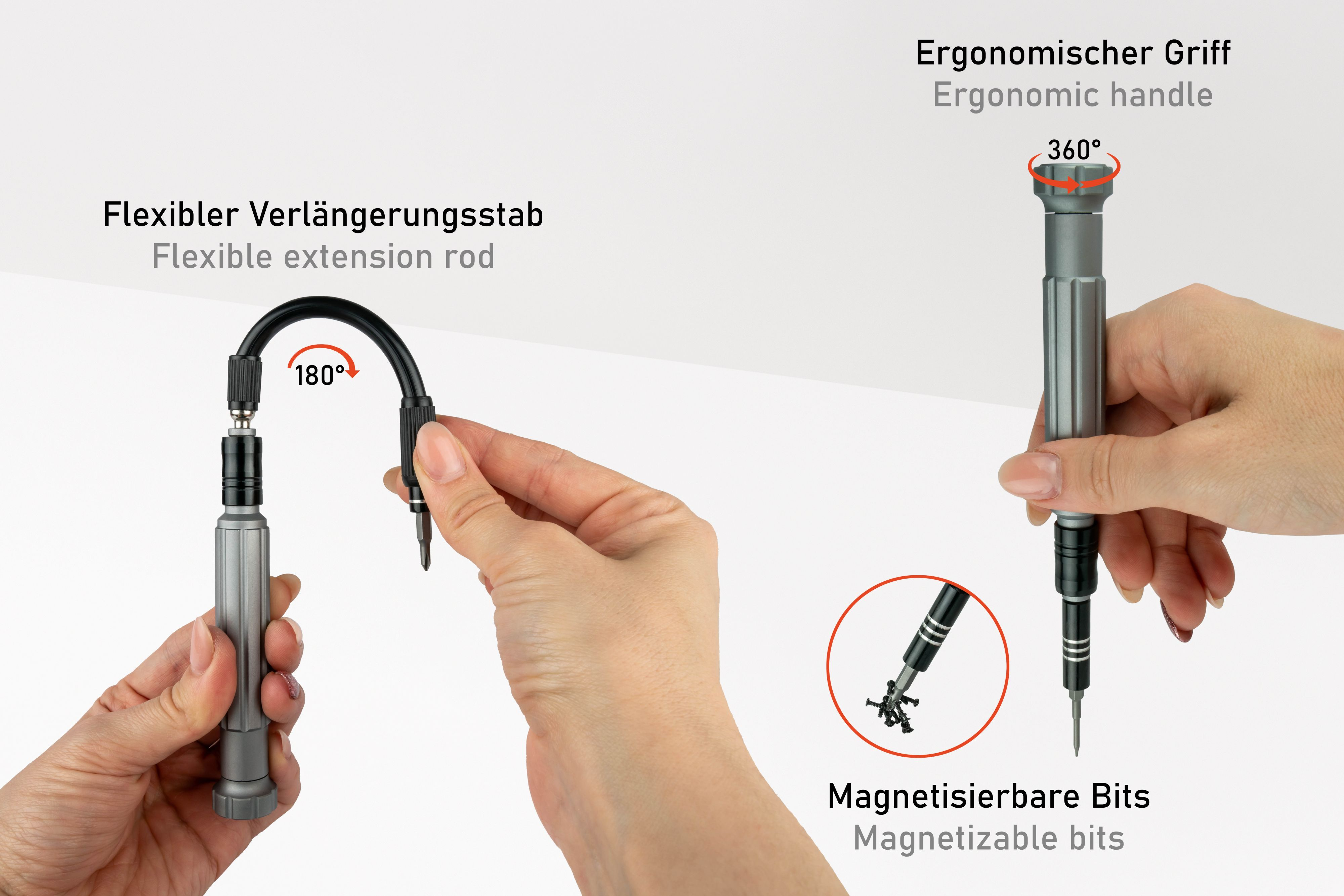 Hände halten Schraubendreher mit flexiblem Verlängerungsstab und magnetisierbaren Bits mit Beschriftungen.