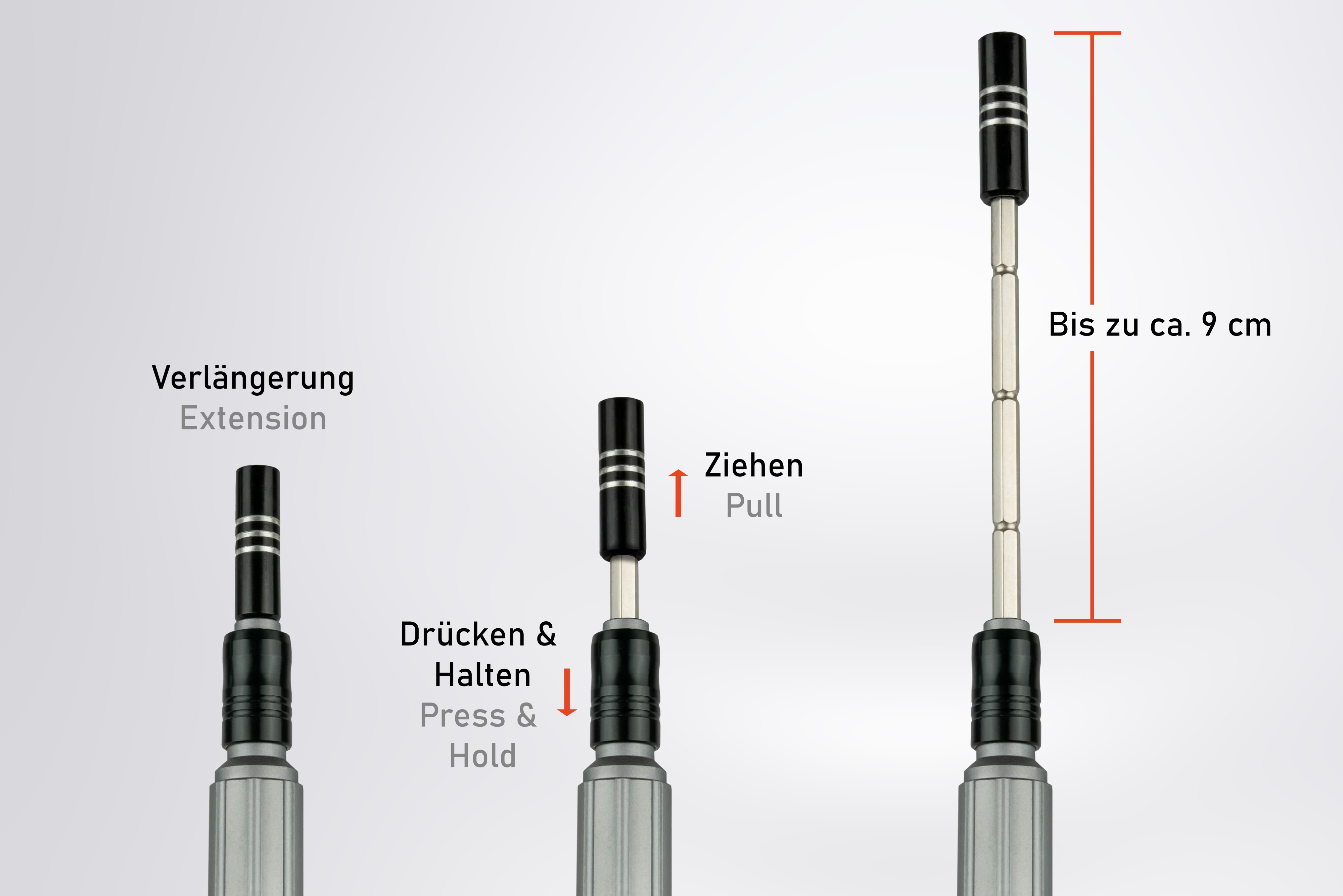 Schraubendreher-Verlängerung, zeigt Drücken, Ziehen und Erweiterung.