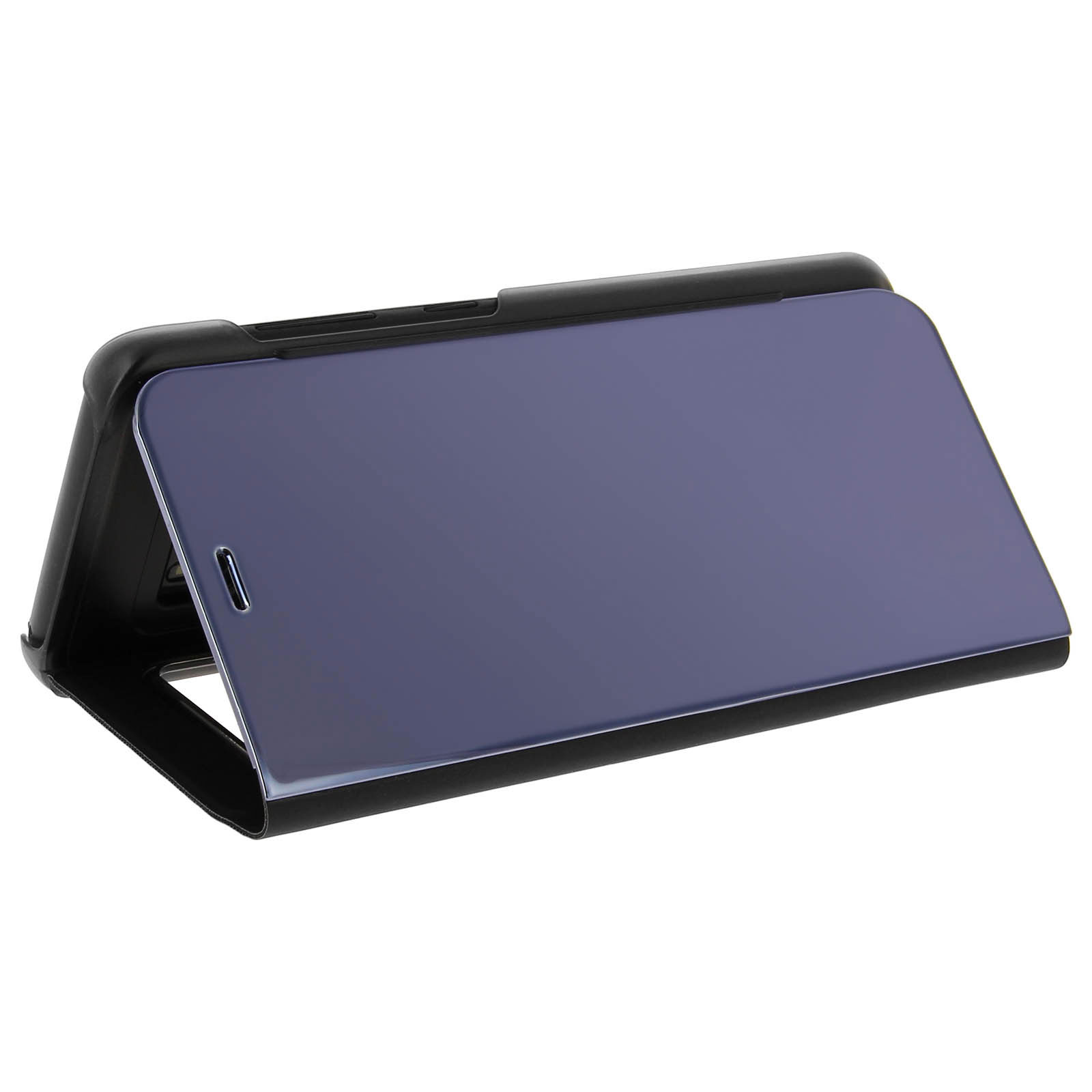 Una custodia per telefono nera con una copertura riflettente blu scuro.
