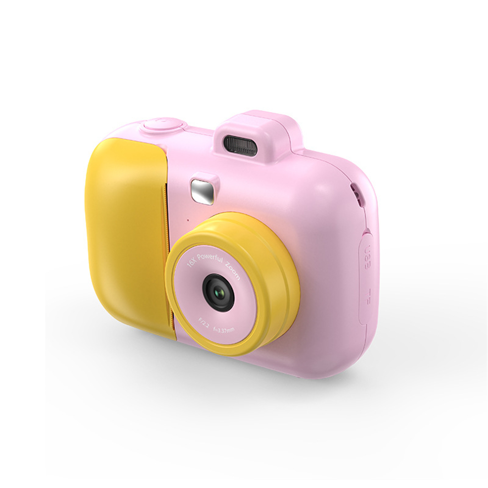Rosa und gelbe Digitalkamera mit großem Objektiv auf weißem Hintergrund, Seitenansicht.